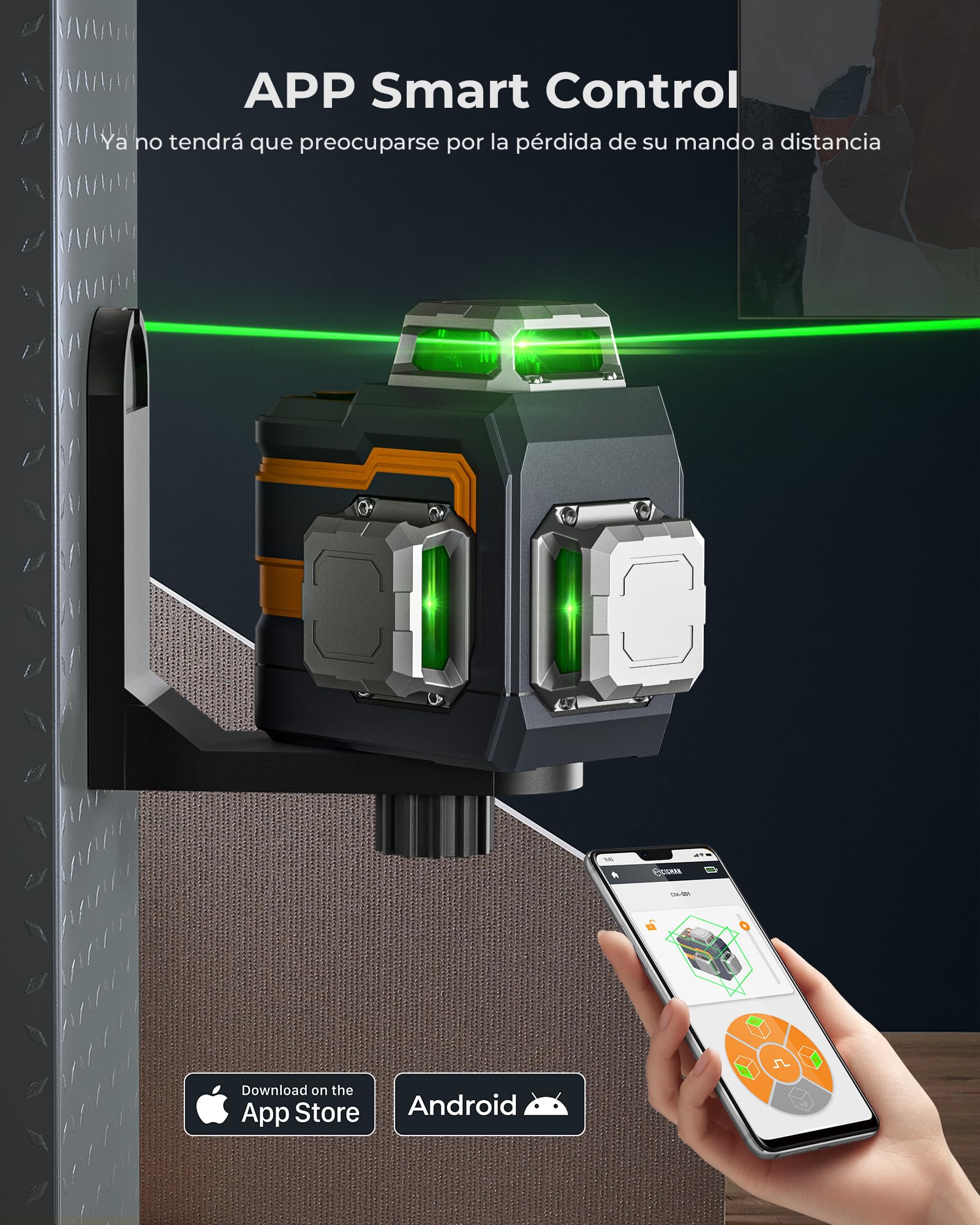 CIGMAN Nivel Láser Verde, Control Remoto Inalámbrico Bluetooth por APP, Autonivelante con Herramienta de Línea Cruzada 3x360° Línea Horizontal/Vertical, con Soporte Giratori