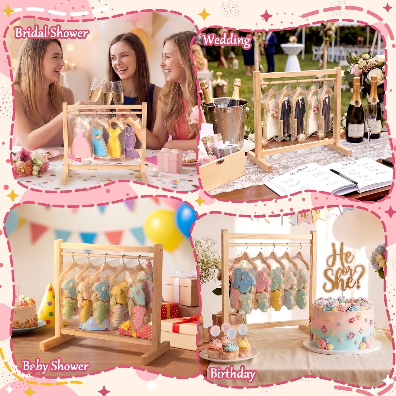 Novabright 2 Set Wooden Mini Cookie Rack with 20 Mini Wood Hangers and 40 Self Adhesive Cookie Bags Decorative Biscuit Display Stand Hanger for Baby Bridal Shower Family Gatherings Tea Party Supplies
