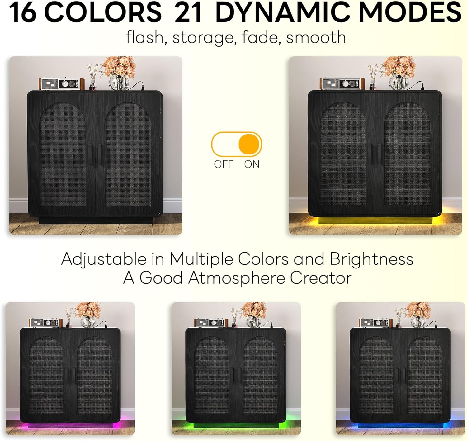 LIKIMIO Rattan Storage Cabinet with LED Lights & Power Outlet, Curved Design Sideboard Buffet with 2 Doors and Adjustable Shelves for Kitchen, Living Room, Coffee Bar, Black