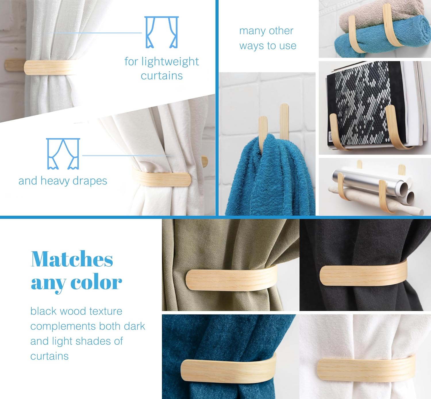 Wood Curtain Holdbacks - Set of 2 Modern Farmhouse Holdback for Drapes, Hooks for Walls, Curtains Tiebacks Wall Mount, Wooden Curtain Pullbacks Hook, Drapery Holders, Home Decor