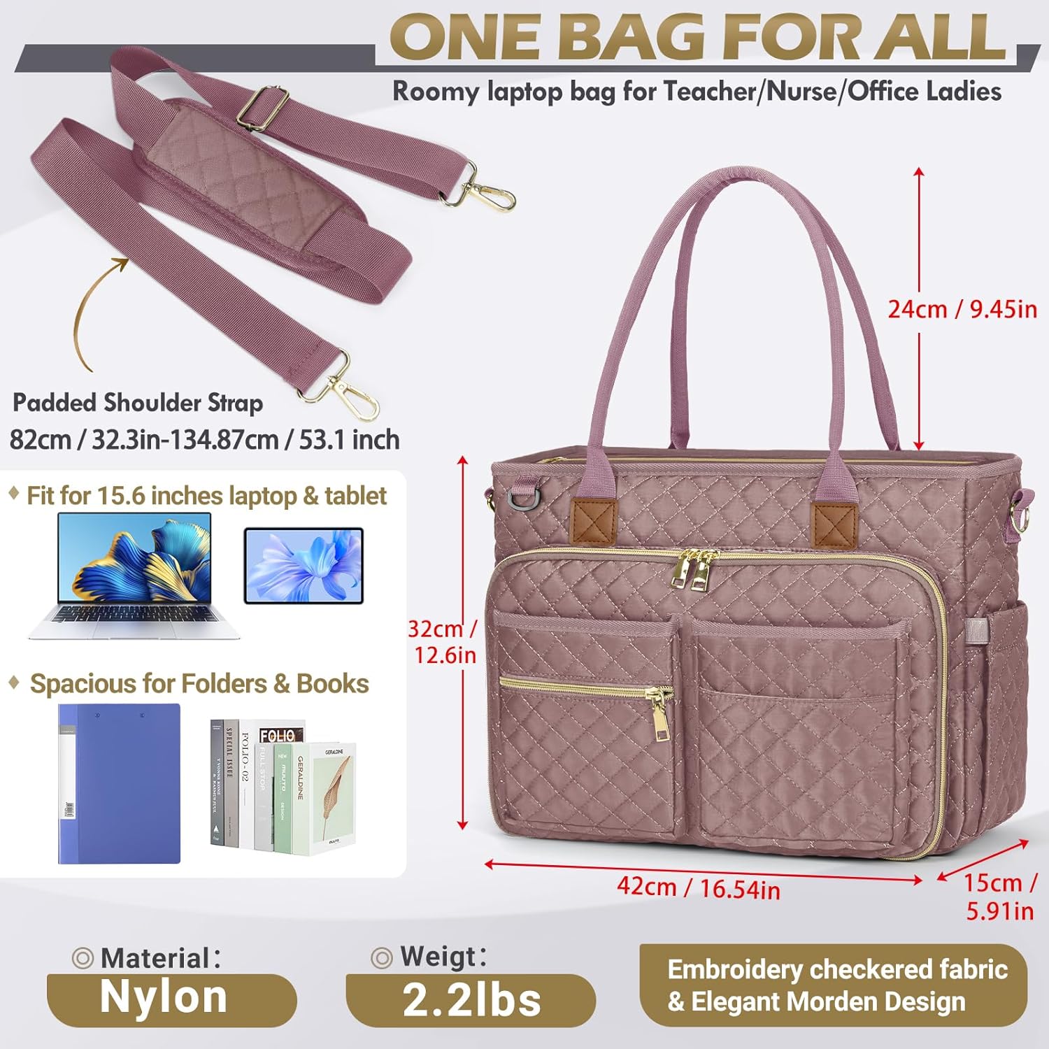 RAINSMORE Teacher Tote Bag 15.6 inch Laptop Bag for Women Work Bags Laptop Tote Nurse Bag Professional Computer Messenger with Insulated Pocket, Laptop Briefcase for Office, College, Dusty Pink - Image 4