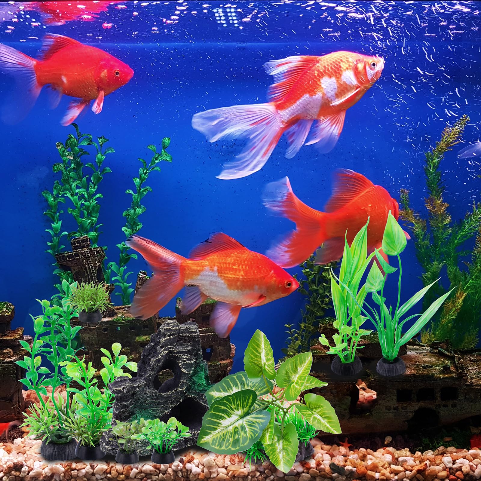 NiHome 9PCS Realistic Aquarium Artificial Plant Decoration Set, Weighted Base Driftwood, Rock Mountain & Aquatic Plants, Non-Fading Aquascape Greenery Ornaments for Freshwater or Saltwater Fish Tanks - image 6
