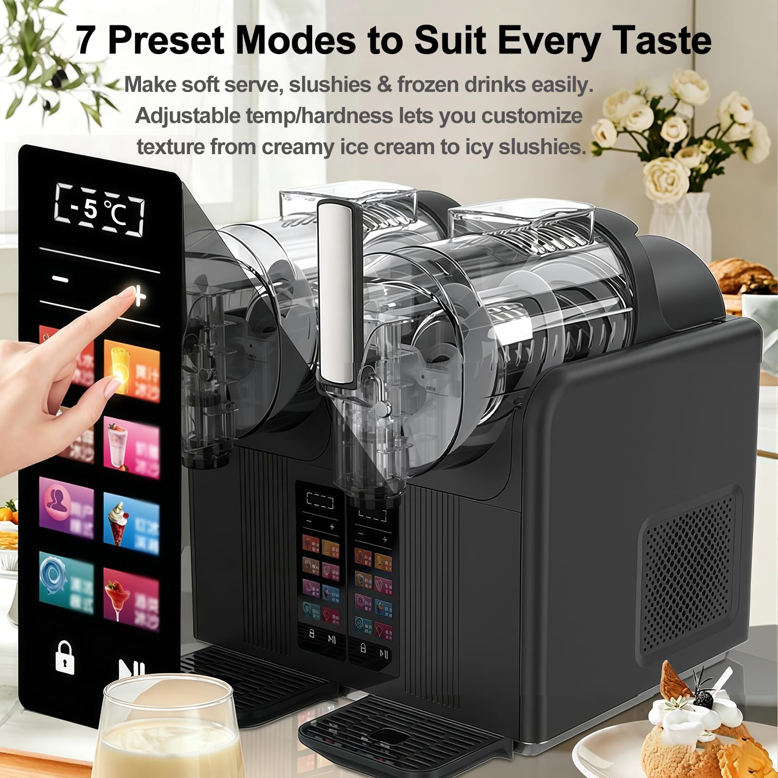 Slush Eis Maschine & Eismaschine 2-in-1, Zwei Tanks, Schwarz | 7 Voreingestellte Programme, Für Margaritas, Frappés, Milchshakes, Selbstreinigung, Privater und Gewerblicher Gebrauch