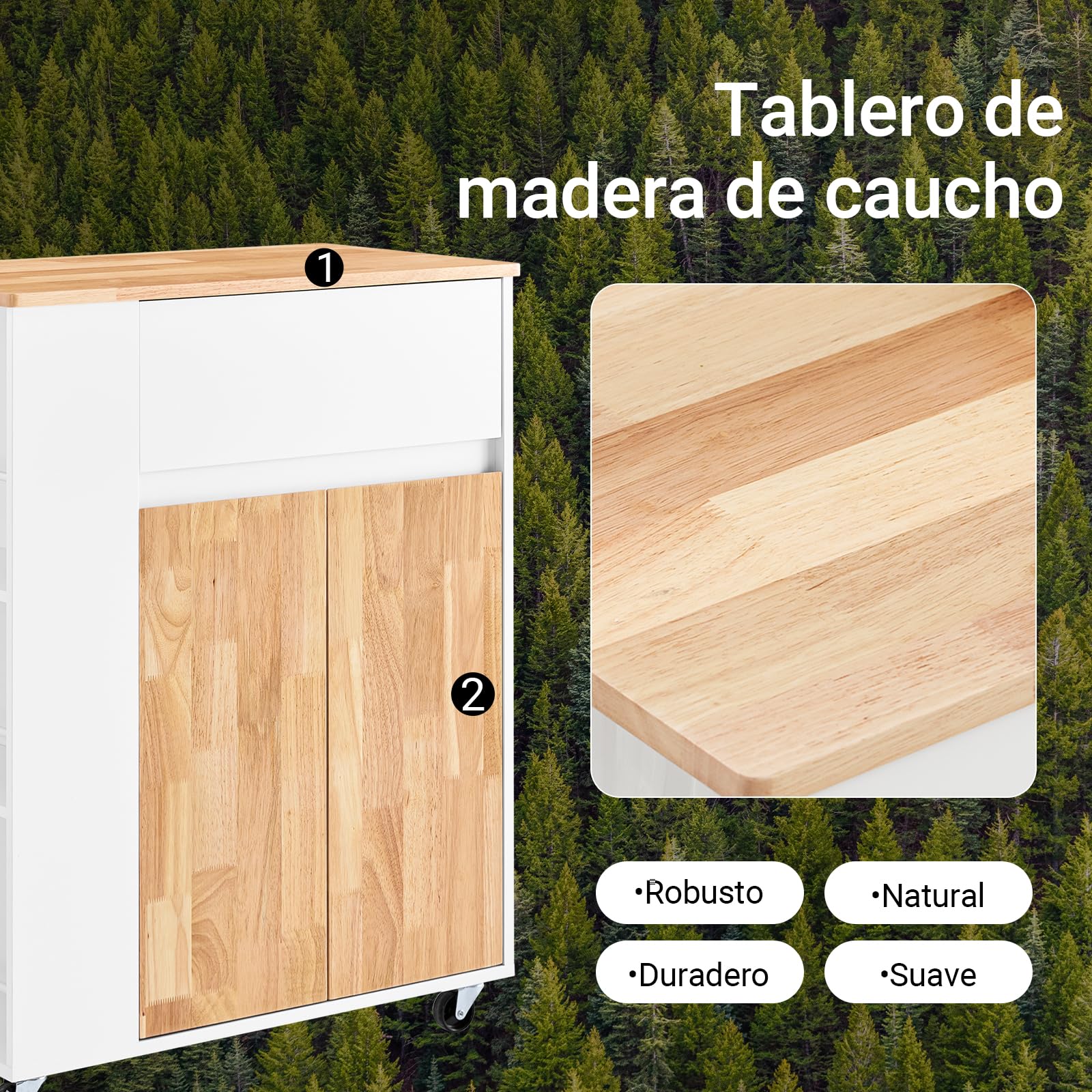 SoBuy Carrito de Cocina con Ruedas, 3 Estantes con Barras, 70×90×40cm | Isla de Cocina con Cajón, Armario & Estantes Ajustables, carga 68 kg, MDF/madera de caucho, para cocina & comedor, FKW132-WN