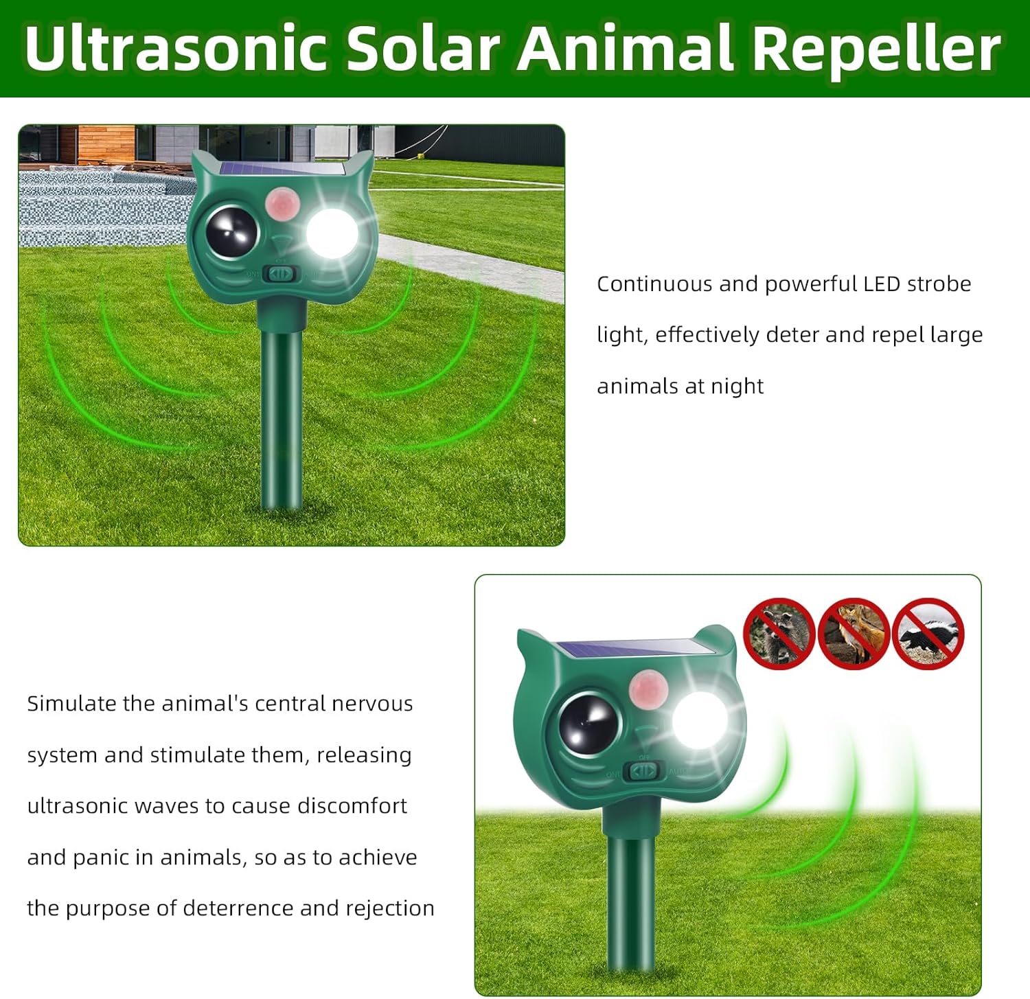 4Pack Solar Ultrasonic Animal Repellent, Cat Repeller Outdoor, Waterproof Deer Deterrent Devices with Motion Sensor to Scare Squirrel Rabbit Raccoon Skunk with White&Red LED Flash Lights for Yard