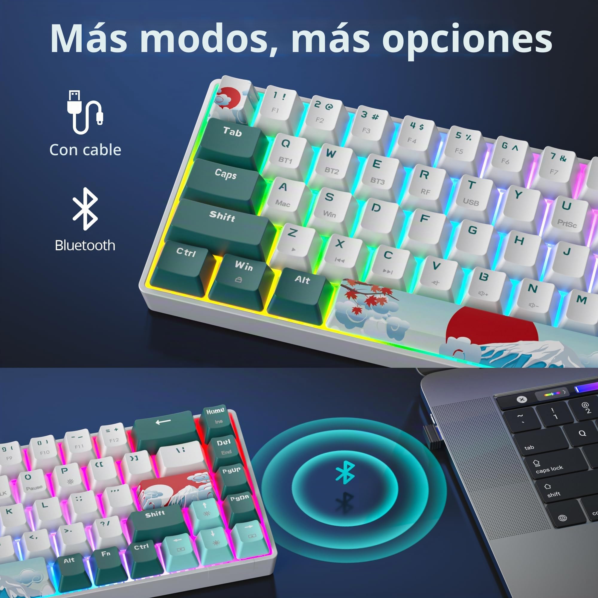 Teclado Mecanico Inalámbrico,Mini Teclado Gaming 65% Wireless Gamer Keyboard 2.4Ghz/Bluetooth/USB-C Hot Swap American QWERTY Layout con para PC/Mac