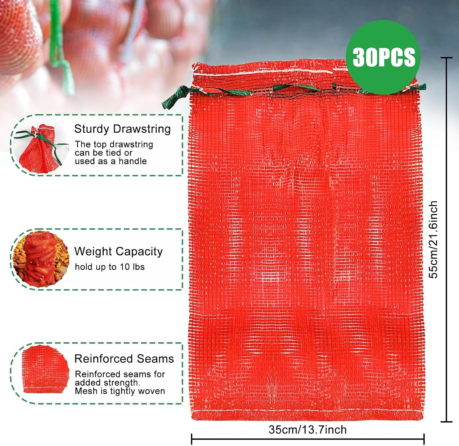 YEXEXINM 30 Pack Extra Large Mesh Storage Produce Bags, Reusable Vegetable Storage Bags with 20 lbs Capacity, Ideal for Onion, Potato, Garlic, Fruits, Seafood 14' x 22'