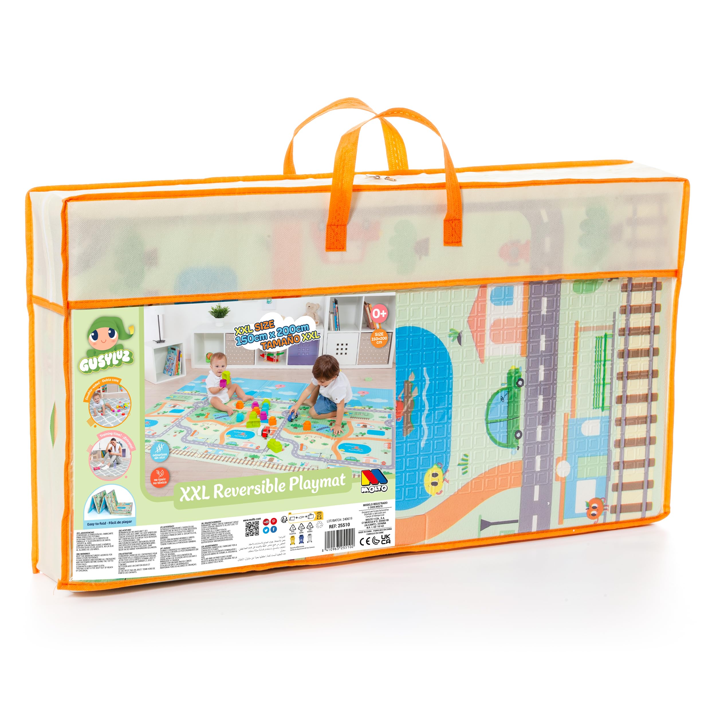 MOLTO | Tappeto gioco reversibile XXL 150x200 cm – Design Gusy Light con stampa per bambini – Tappeto per neonati antiscivolo, pieghevole e imbottito – Da 0 mesi