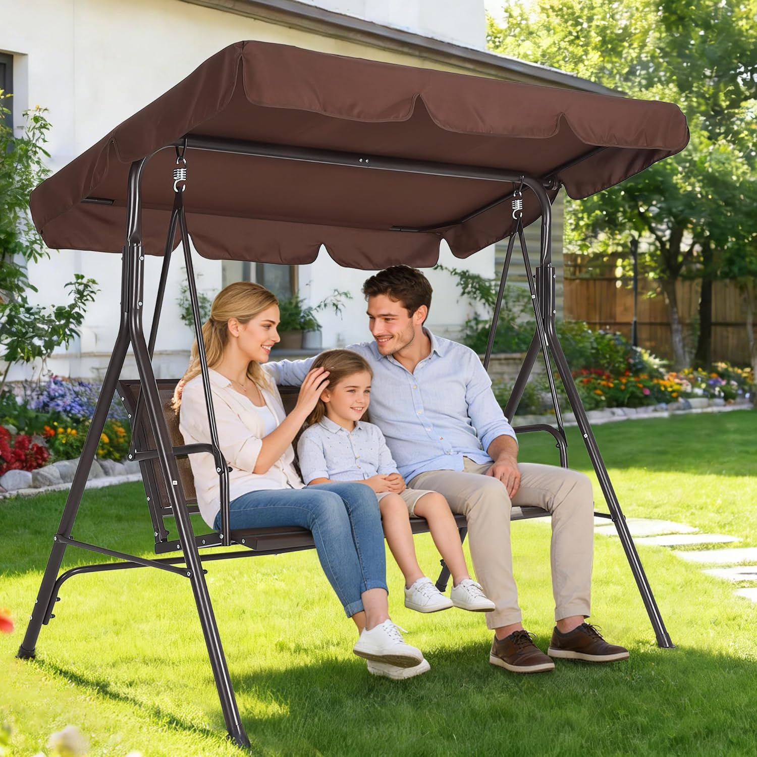 3-Seat Outdoor Patio Porch Swing with Stand, Waterproof Textilene & Adjustable Canopy, Steel Frame Swing Outdoor Chair for Backyard, Front Porch, Lawn, Garden