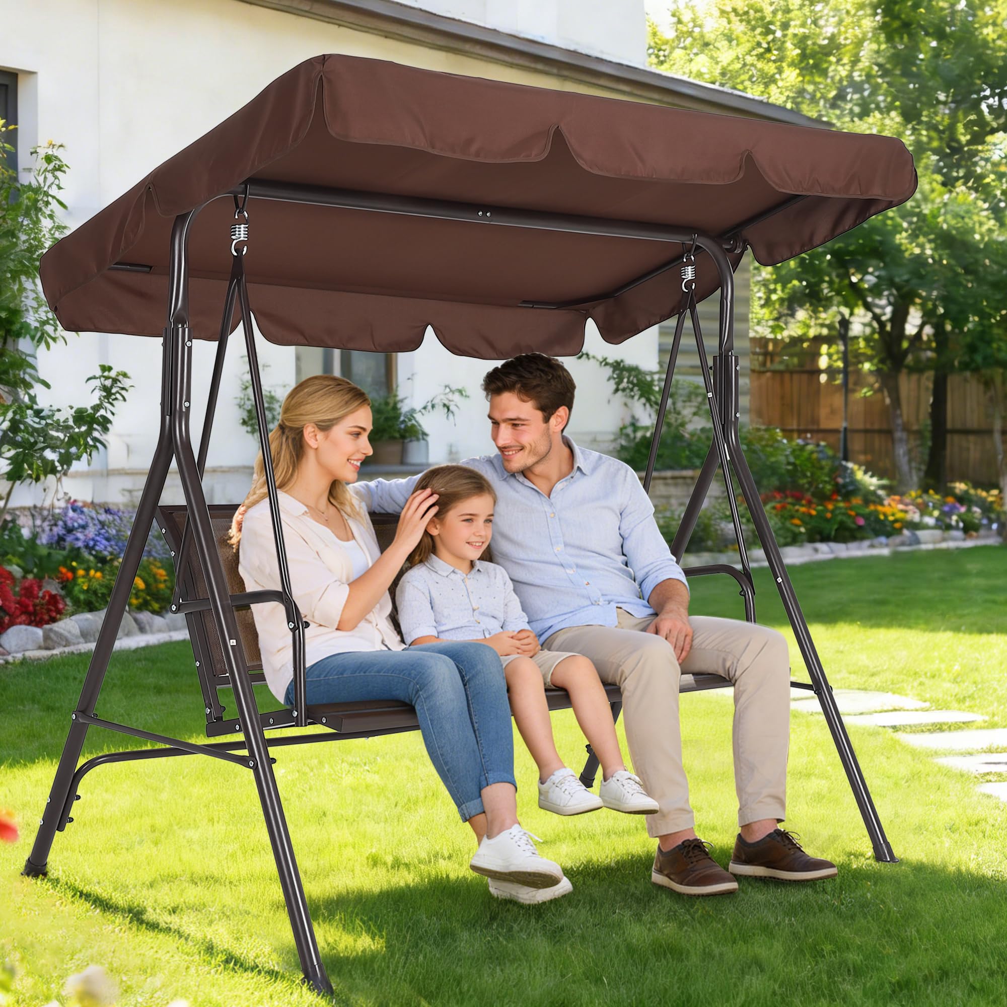 Garvee Balancelle de Jardin 3 Places, Toit Inclinable Réglable, Assise et Dossier Ergonomiques en Textilène Respirant, Structure en Acier Époxy Anticorrosion, pour Terrasse et Jardin