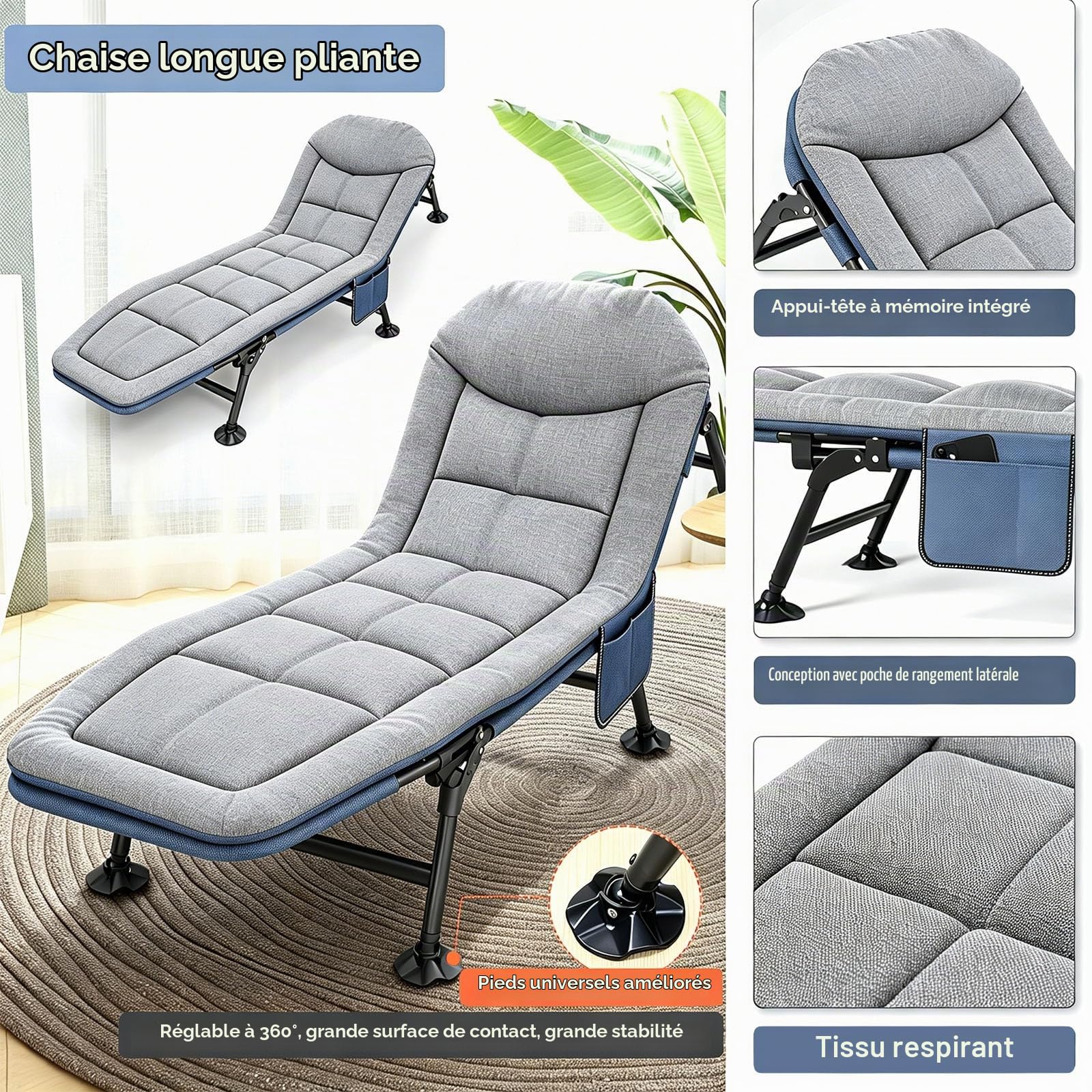 Lit de camping pliable avec matelas, réglable sur 6 niveaux, extra large jusqu'à 160 kg, chaise longue de jardin pour extérieur, camping, voyage, 190 x 65 x 30 cm (gris)