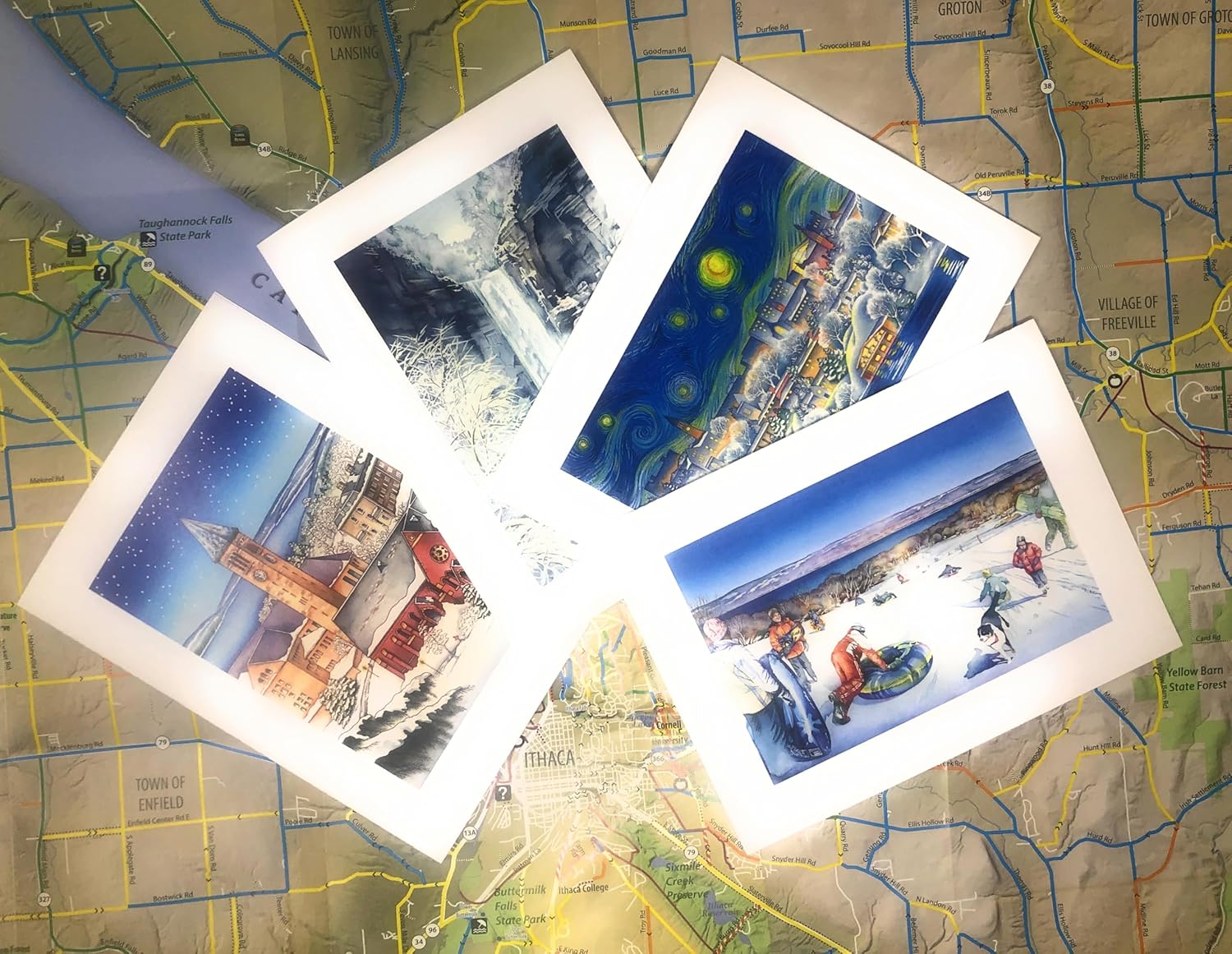 Ithaca NY Greeting Card Set of 8 Note Cards, Cornell University, Winter Water Landscapes by Cheryl Chalmers