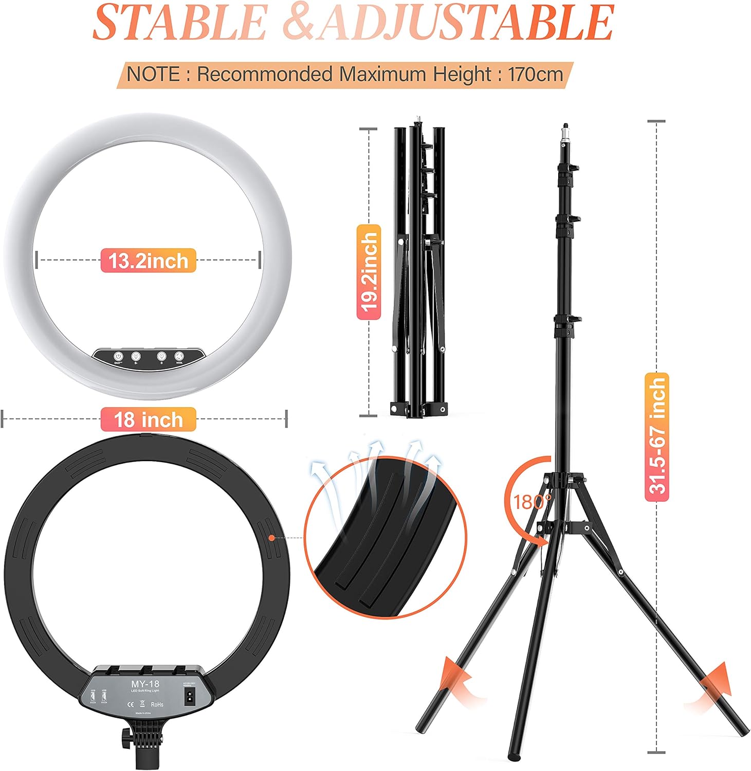 New Deal Aluminum Remote Controlled LED Selfie 10“12“14“ 18“Ring Light 3m Wire,Saimly Portable Tripod Camera Ring Light and 4 Phone Stands, 3000k-6500k Dimmer for Photography/Makeup/Video (18inch-Stand)