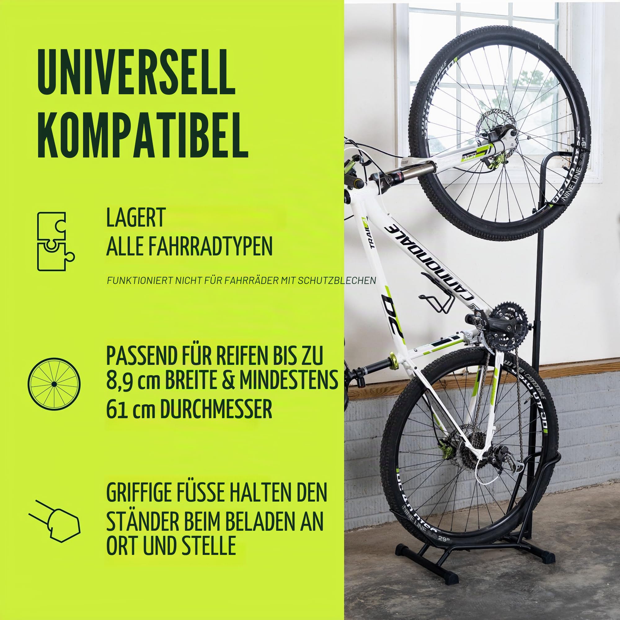 CycleStand Pro Vertikaler Fahrradständer für den Innenbereich, Fahrradträger für Garage, aufrechte Fahrradhalterung, hält MTB, Straße und E-Bike-Ständer, Fahrrad-Parkständer, passend für Reifen bis zu Baumarkt
