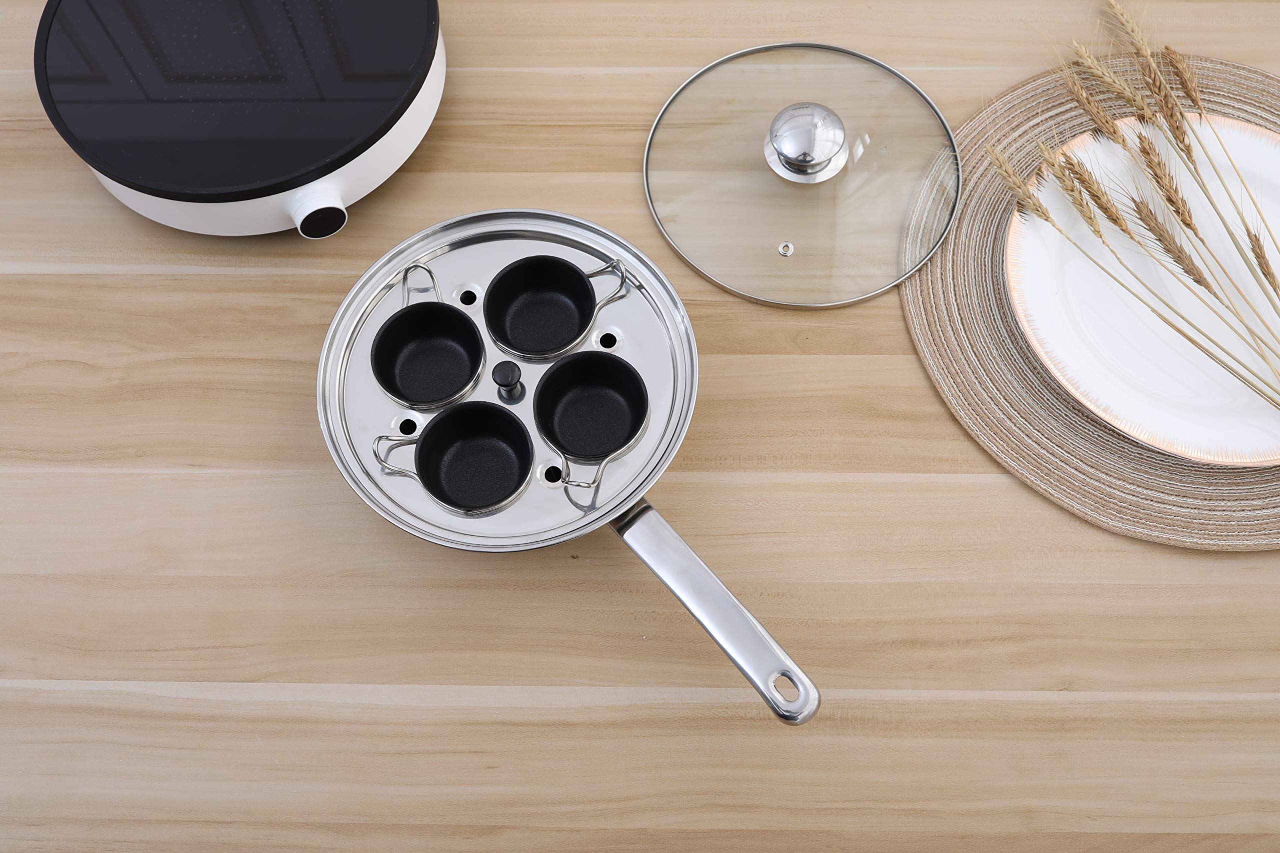 Egg Poacher Pan - Stainless Steel Poached Egg Cooker –Induction Cooktop Egg Poachers Cookware Set with 4 Nonstick Large Silicone Egg Poacher Cups and Spatula