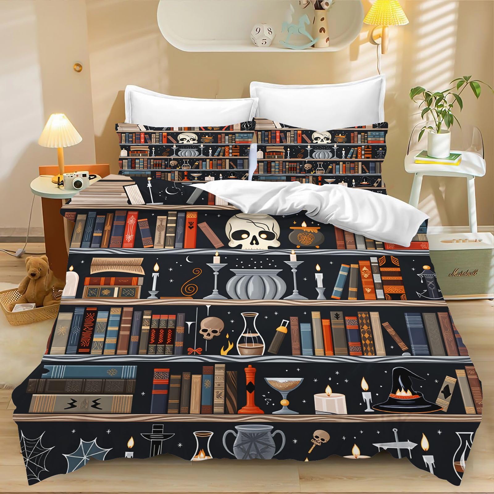 Fgolphd Witchy Bookshelf Print Duvet Cover Set, Soft Microfiber Double-200x200cm Bedding with Zipper, All Seasons Bedroom Decor
