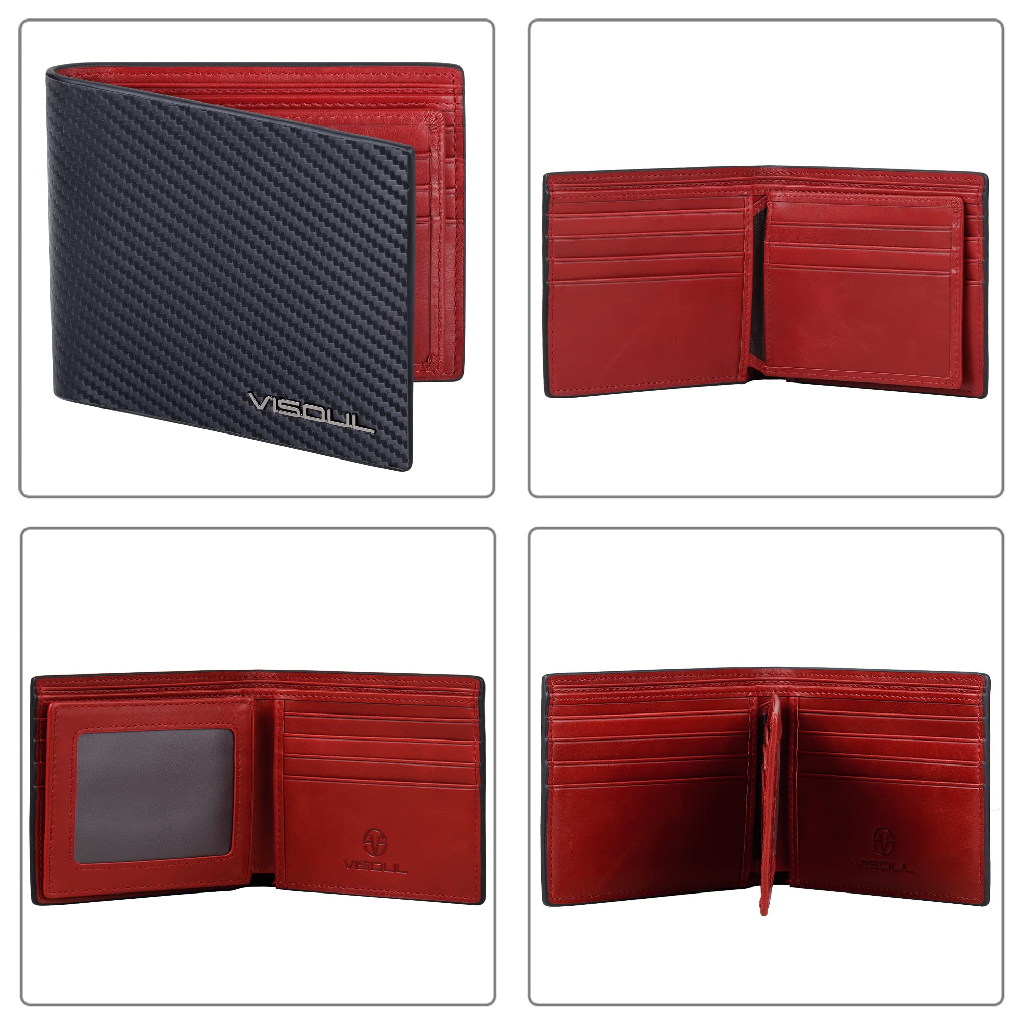VISOUL Hombre de Fibra de Carbono de Cuero Billeteras Bifold con Bloqueo RFID, Cuero Genuino Cartera con 1 Ventana de ID, 2 Bolsillos para Billetes y 14 Ranuras para Tarjetas(Carbono Negro+Rojo)