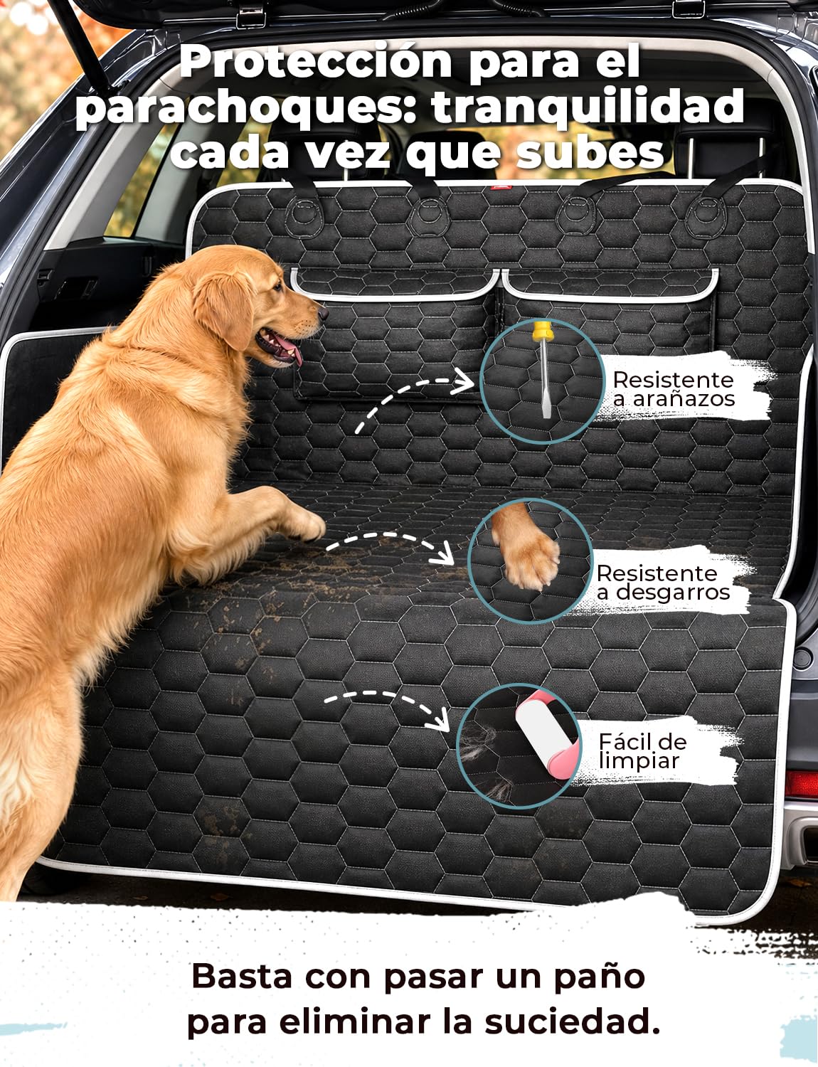 Oasser Protector Maletero Coche Perro 185x103cm con 2 Bolsillos, 600D Impermeable Antideslizante Antipolvo con Protección Lateral y Parachoques, Fácil de Limpiar, Universal para Coches y SUV