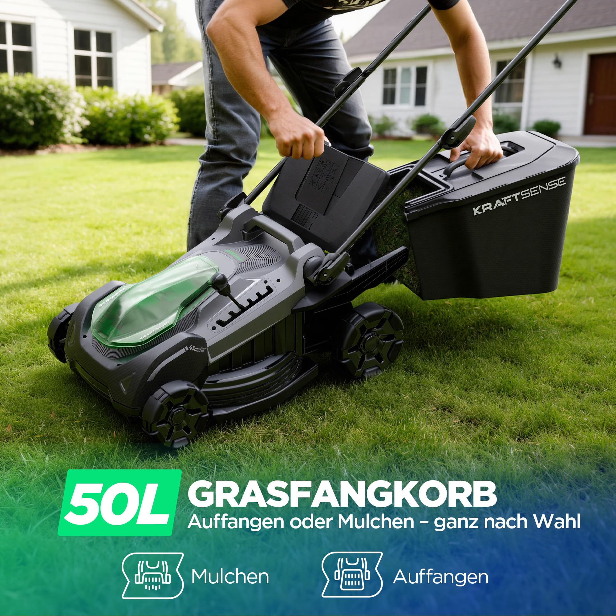 40V Akku-Rasenmäher mit Radantrieb, 43 cm Schnittbreite, bürstenloser Motor, Rasenmäher mit Akku inkl. 2X 5,0 Ah Akkus & Ladegerät, 2-in-1 Mulchmäher & Fangen, für mittelgroße Gärten