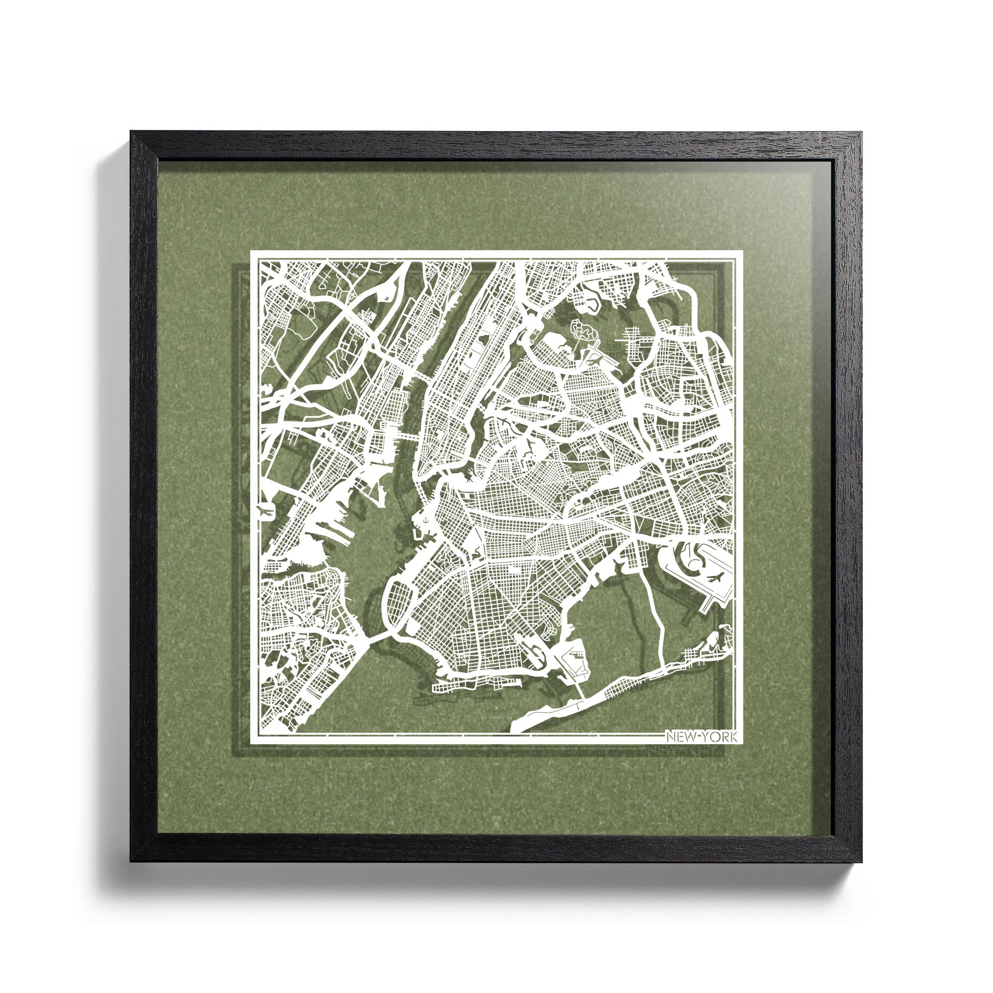 New York Cut Map Framed, White map, Black Frame, 18x18 inches, Paper Cutting Art Work, Gift Boxed, 4 Background Color, self-Changing, Wall Art