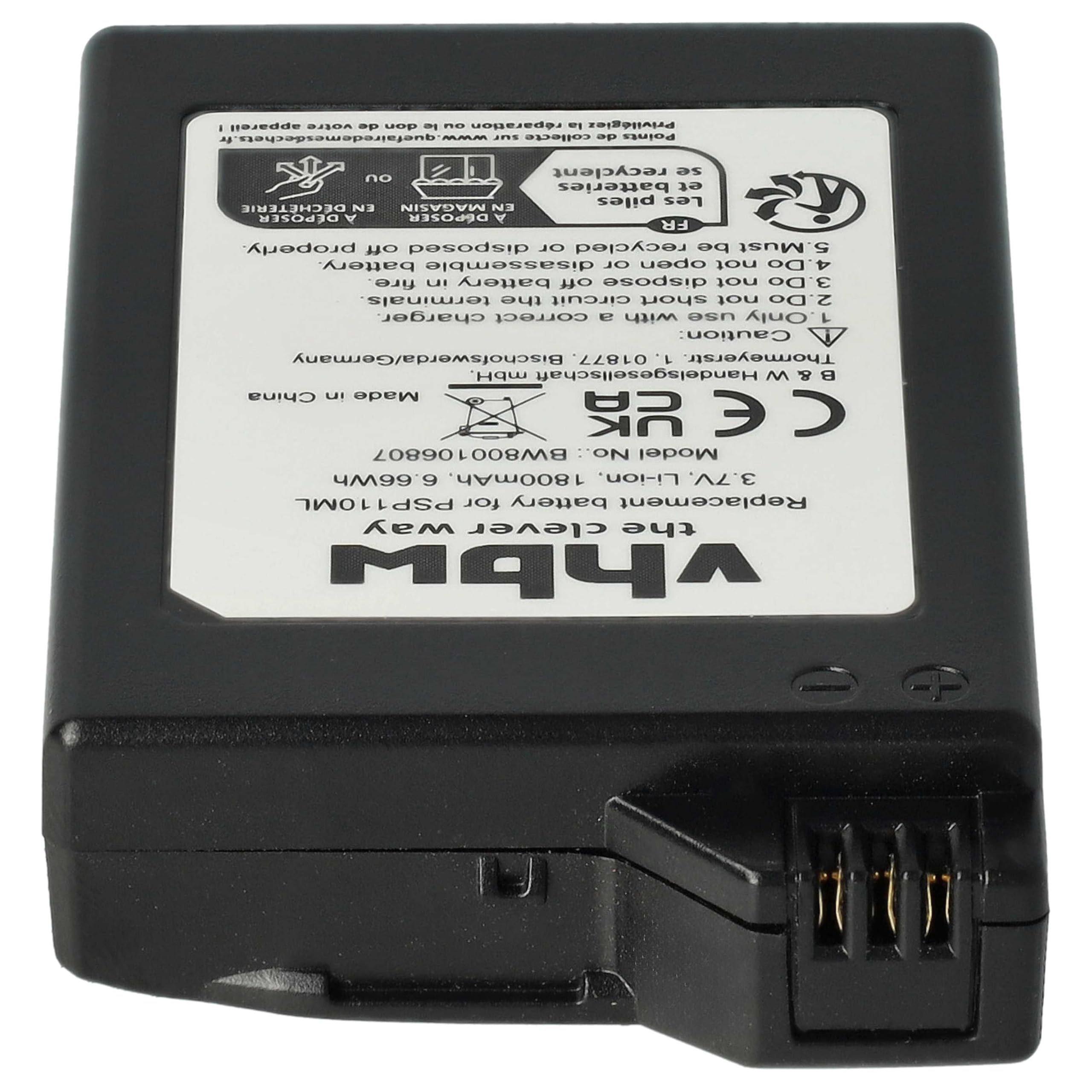 vhbw Batería Compatible con PlayStation Portable PSP-1000, PSP-1000K-CW, PSP-1001, PSP-1004, PSP-1006, PSP-1010 - Reemplaza PSP-110, PSP-280G (1800 mAh)
