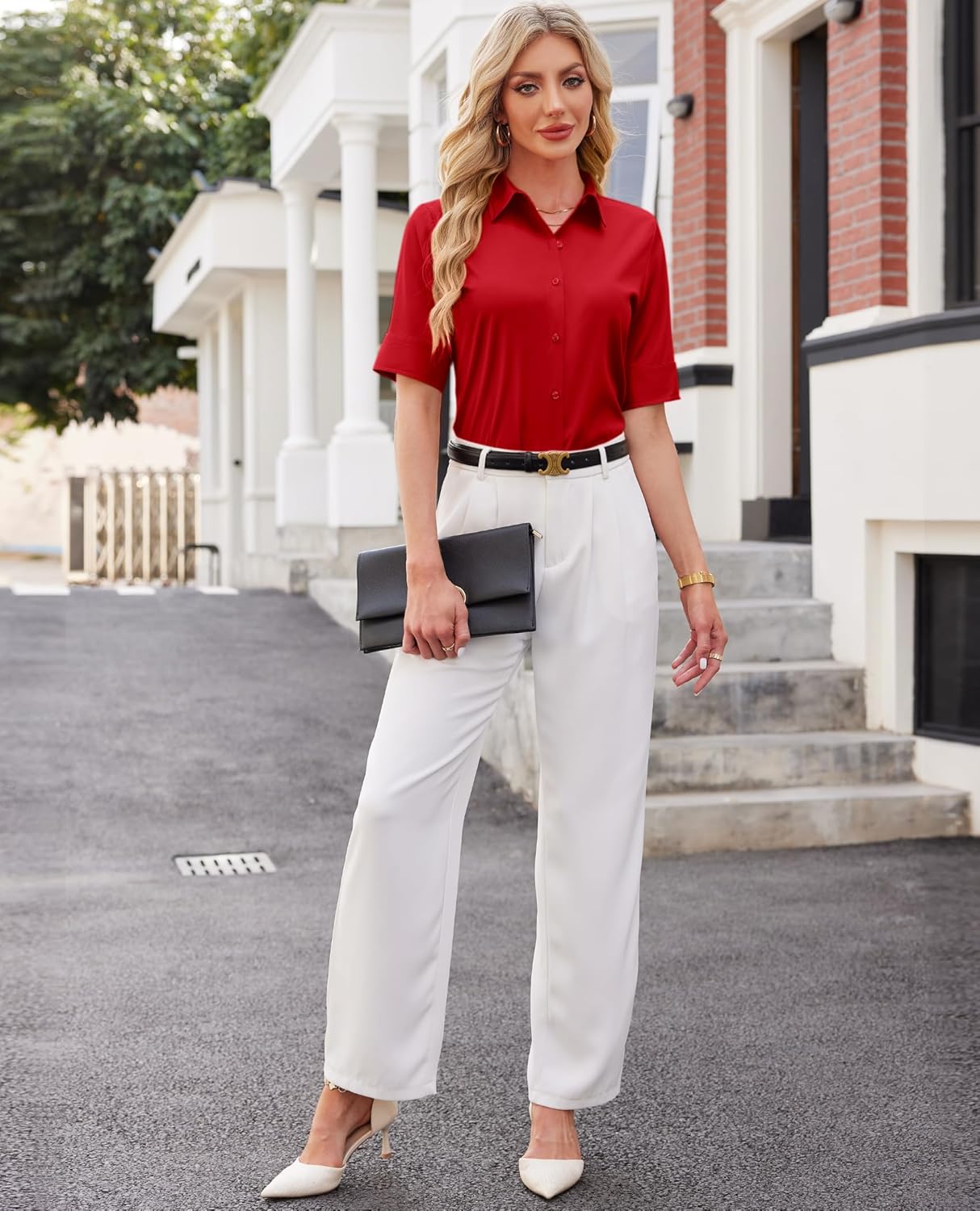 Button Down Shirts for Women Fitted Short Sleeve Dress Shirt Collared Blouses Work Tops Wrinkle Free - Image 4