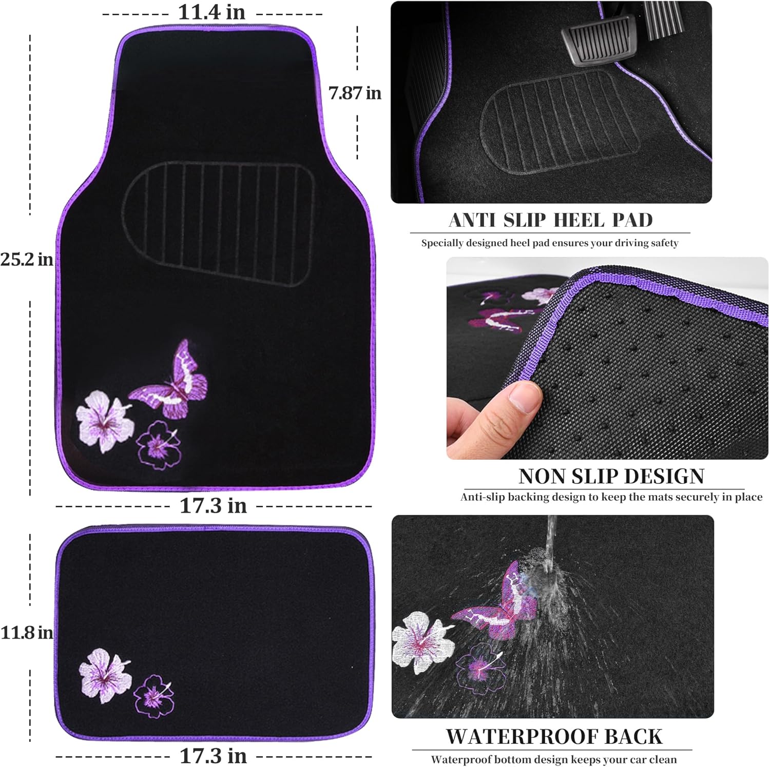 CAR PASS Embroidery Butterfly and Flower Car Floor Mats, Purple Car Floor Mats, Universal Fit 95% Automotive,SUVS,Sedan,Vans,for Women,Girly,Set of 4(Black with Purple) - Image 3