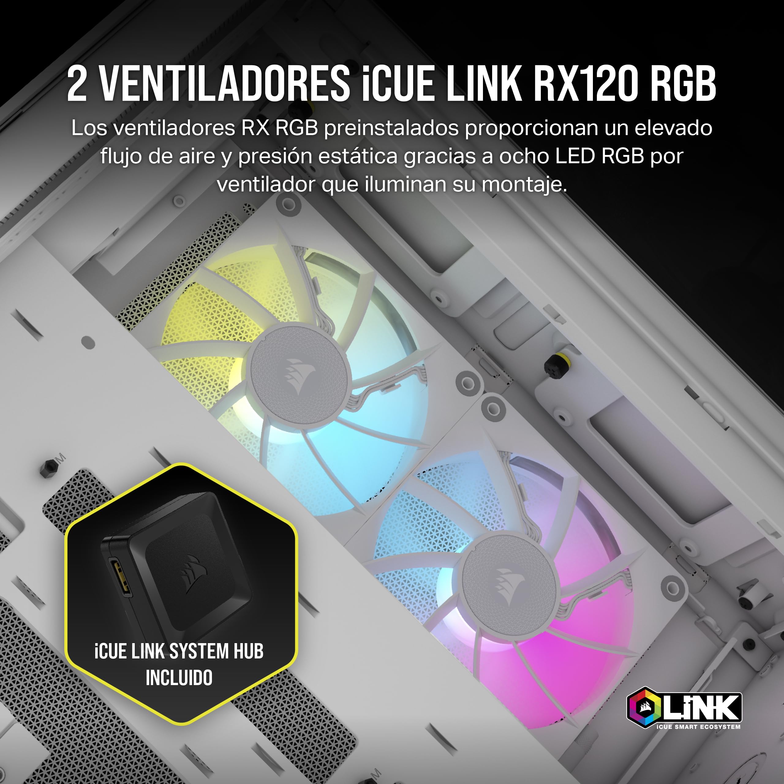CORSAIR iCUE LINK 2500X RGB Pequeña-Torre mATX Caja de PC de Doble Cámara - Cristal Templado Panorámico - Compatible Placa Base Conexión Inversa - 2x Ventiladores CORSAIR RX120 RGB Incluidos - Blanco