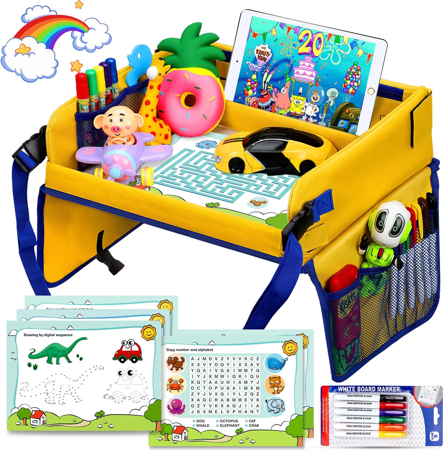 Flyfun Baby Car Trays, Transparent Erasable Drawing Surface, Seat Travel Tray with 16 Mesh Pockets, 6 Color Brushes and 5 Drawing Papers, Child Play Activity Tray for Car/Stroller/Plane