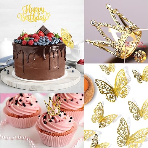 Miniatura 4 de Juego de 29 adornos dorados para tartas, 4 coronas, 24 piezas de decoración de mariposa dorada en 3D, 1 adorno de pastel de feliz cumpleaños, mini