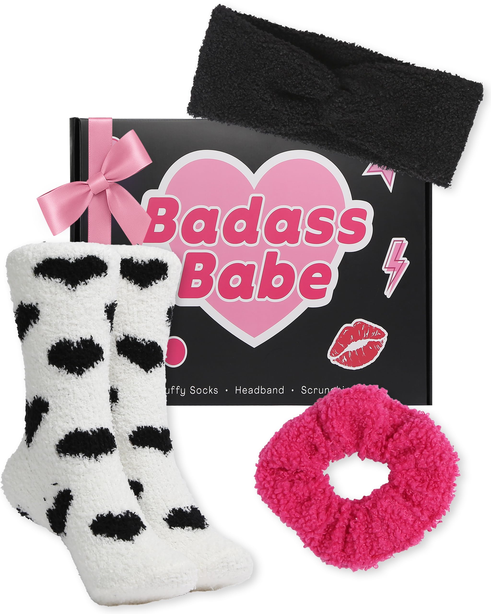 Lily England Cozy Gift Set for Women - Fluffy Socks, Headband, & A Scrunchie - Best-Friend Gifts, Sister Gifts for Sister & Christmas & Birthday Gifts for Her, Badass Babe Unique Gift