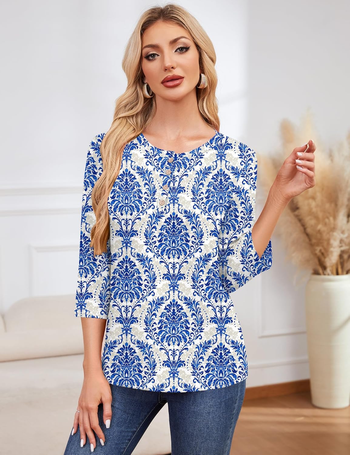 LOMON 3/4 Length Sleeve Womens Tops Dressy Casual Crewneck Pullover Tunics Summer Cute Blouses Fashion 2025 Tees Shirts - Image 3