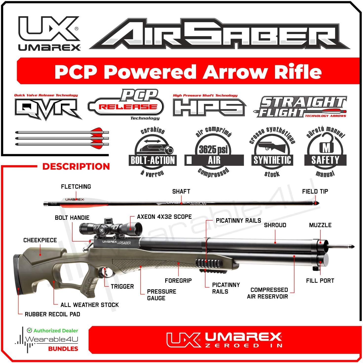 Umarex AirSaber PCP Powered Arrow Air Rifle with 3 Carbon Fiber Arrows with Included Wearable4U Bundle (+ Scope + Extra 6 Arrows + Targets + Cleaning Cloth)