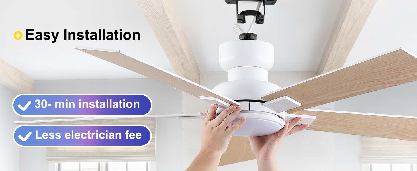 SNJ 52 inch Ceiling Fan with Light, White Ceiling Fan with Remote