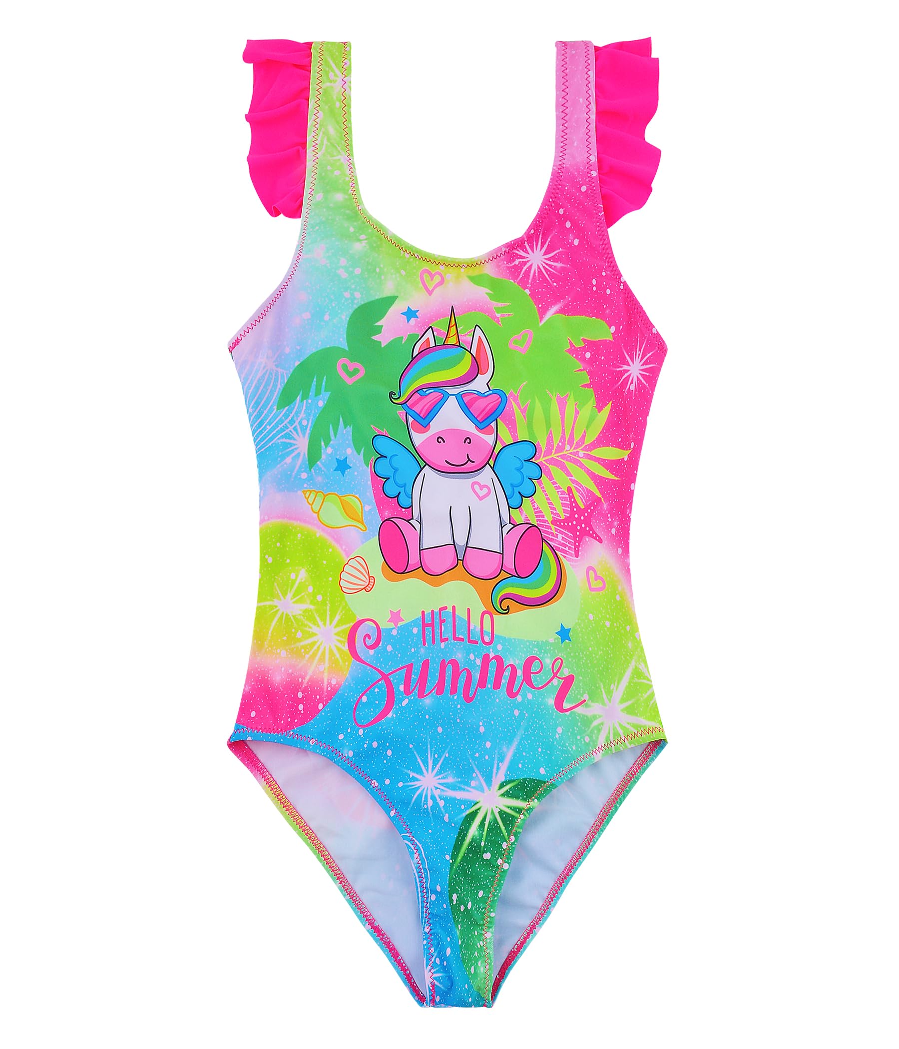 Power Flower Traje de baño de Unicornio para Niñas Traje de Baño de Una Pieza con Volantes Ropa de Playa para Niñas Pequeños 4-14 Niña