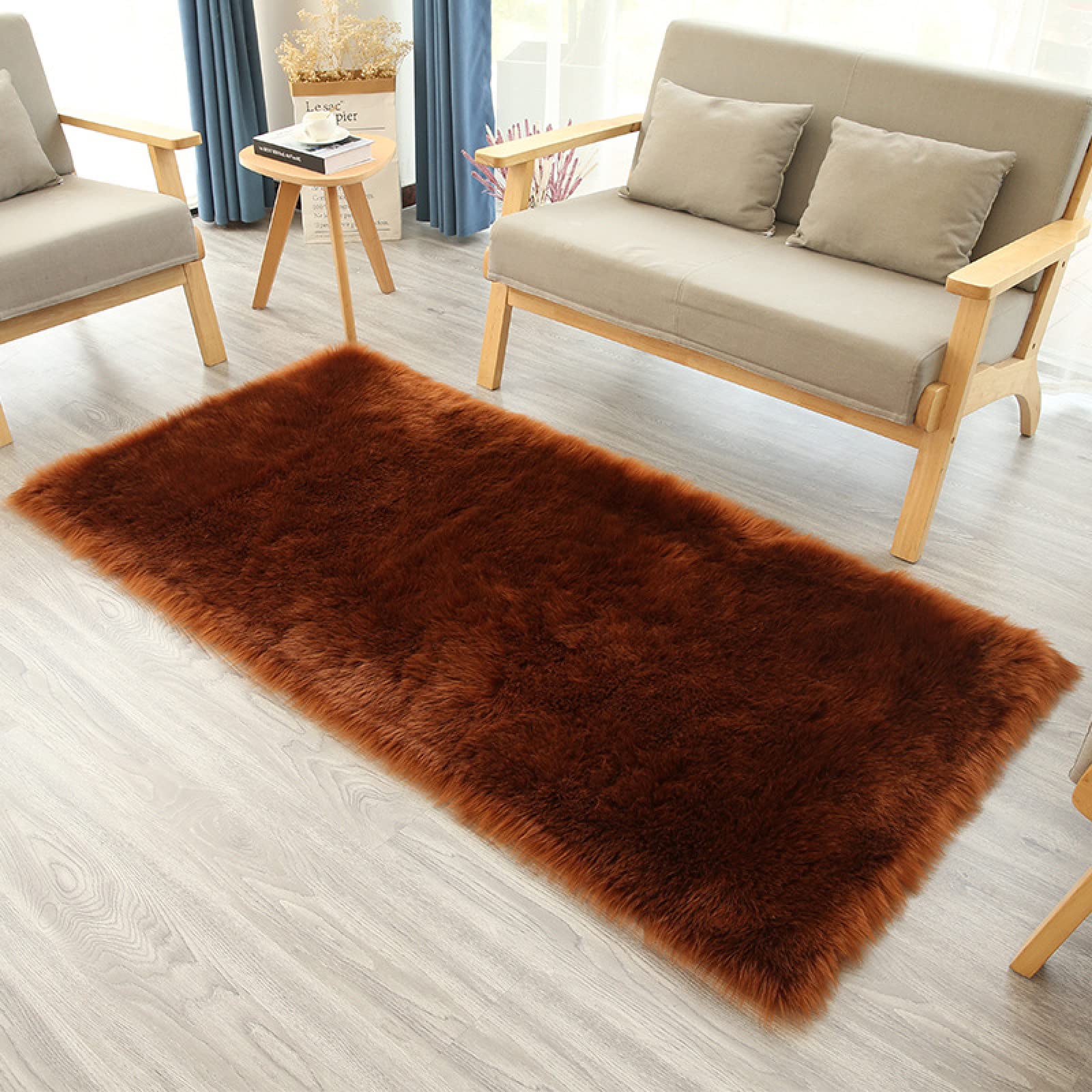 Tapis lavable en fausse fourrure peau de mouton marron 80x180cm