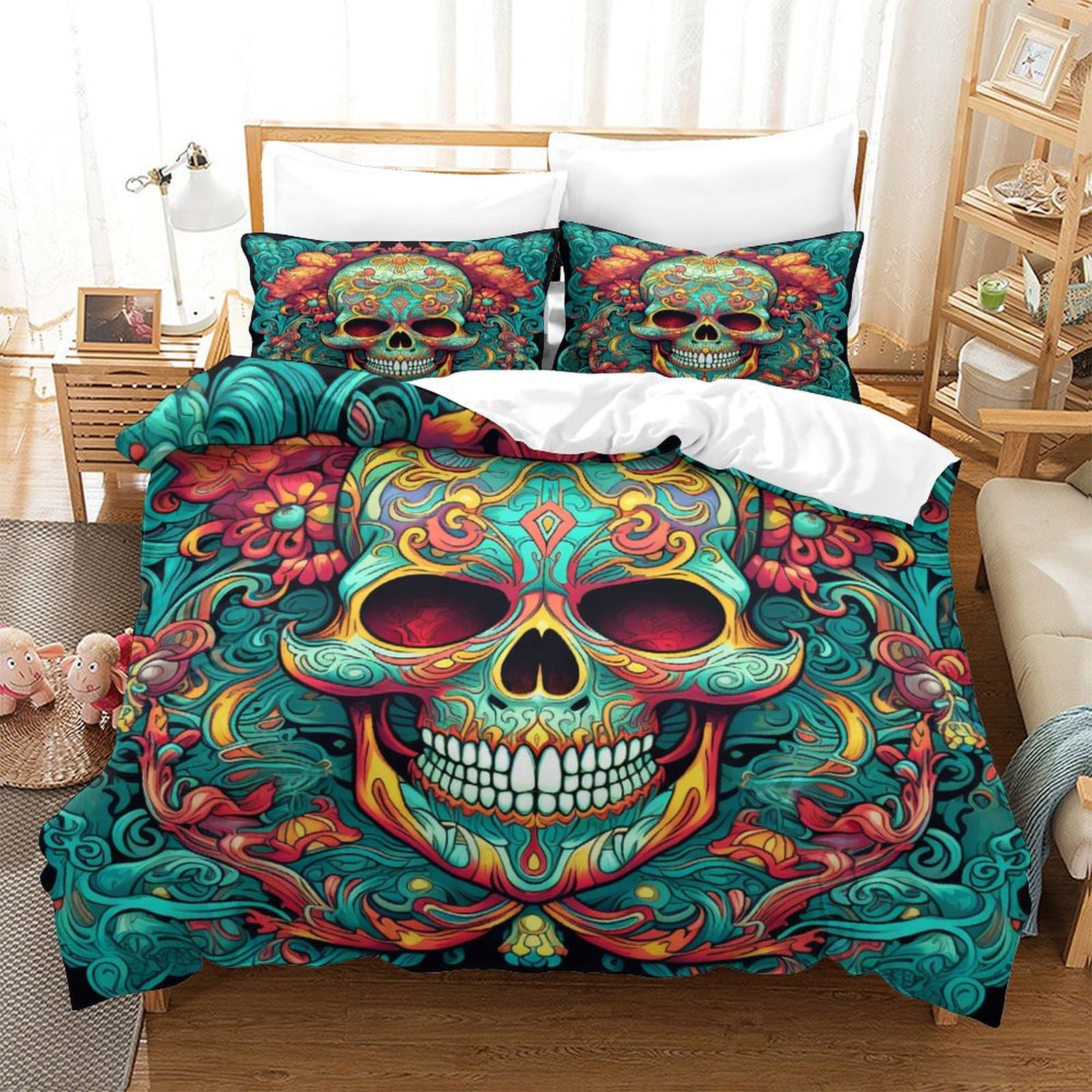 P1S9U7W5Y Vivid Skull 3D Printed Duvet Cover Set 3pcs Microfiber Skull Bedding Set King