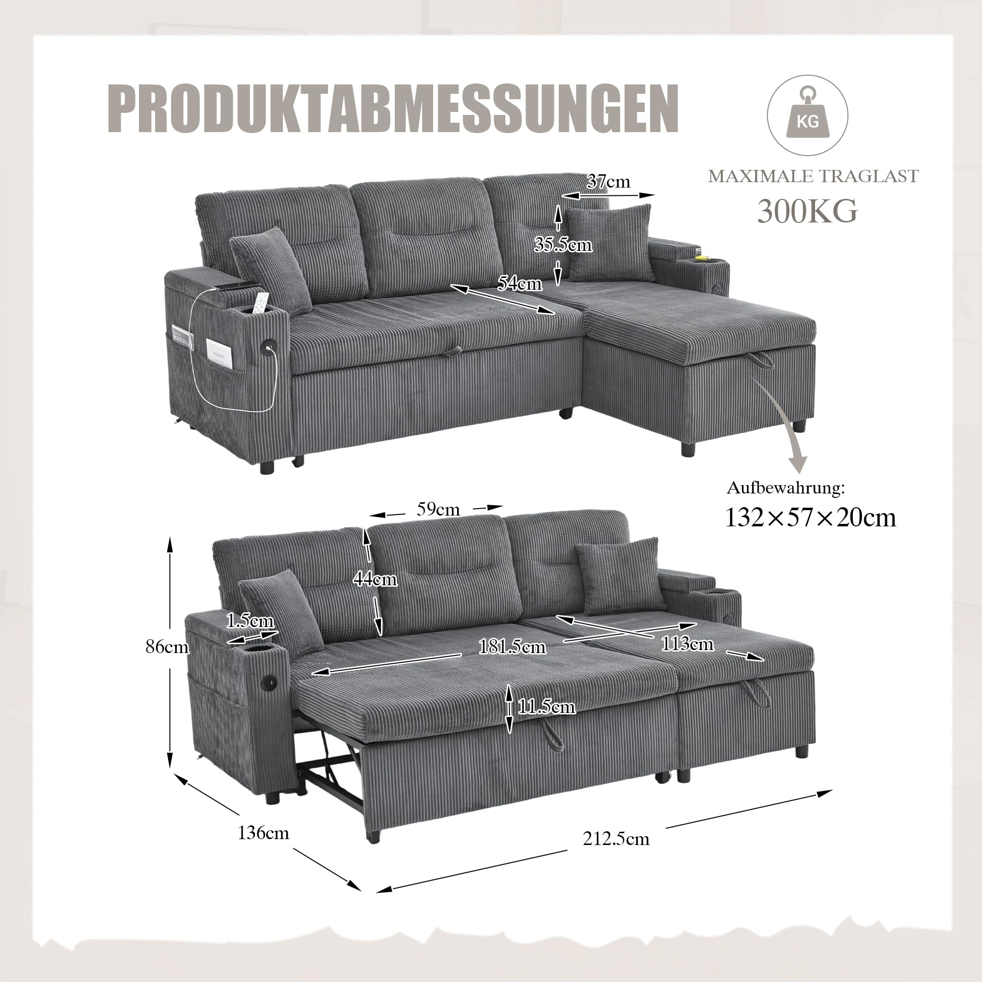 Sapgaks Canapé d'angle Convertible en L avec Espace de Rangement,Porte-gobelets et USB-C,Canapé lit Pliant Moderne,canapé Convertible 3 Places en Velours côtelé (H-Gris Carbone)