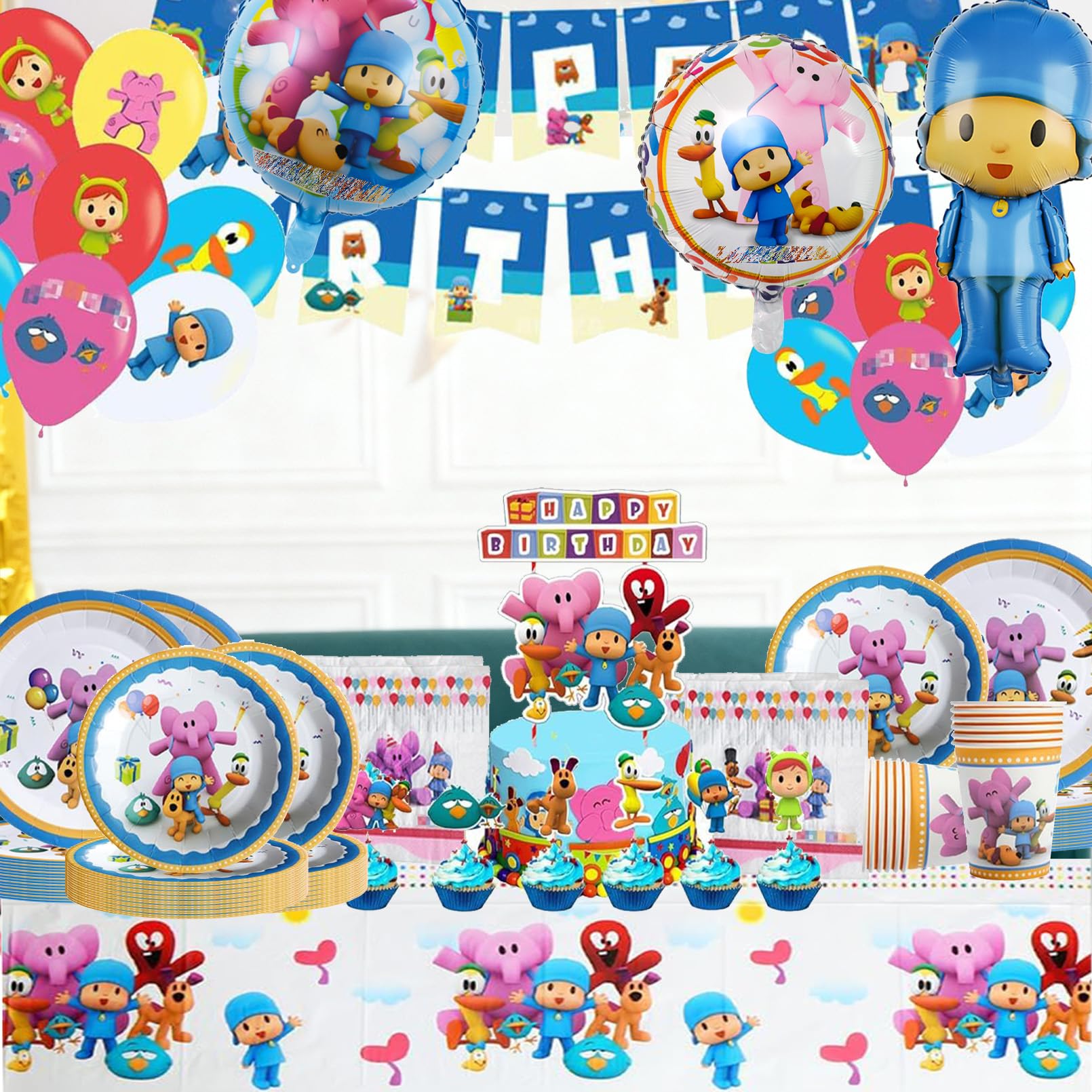 105 Pezzi Pocoy Stoviglie per Feste di Compleanno，Addobbi Compleanno Pocoy，Tovaglioli, Tovaglia, Piatti di Carta