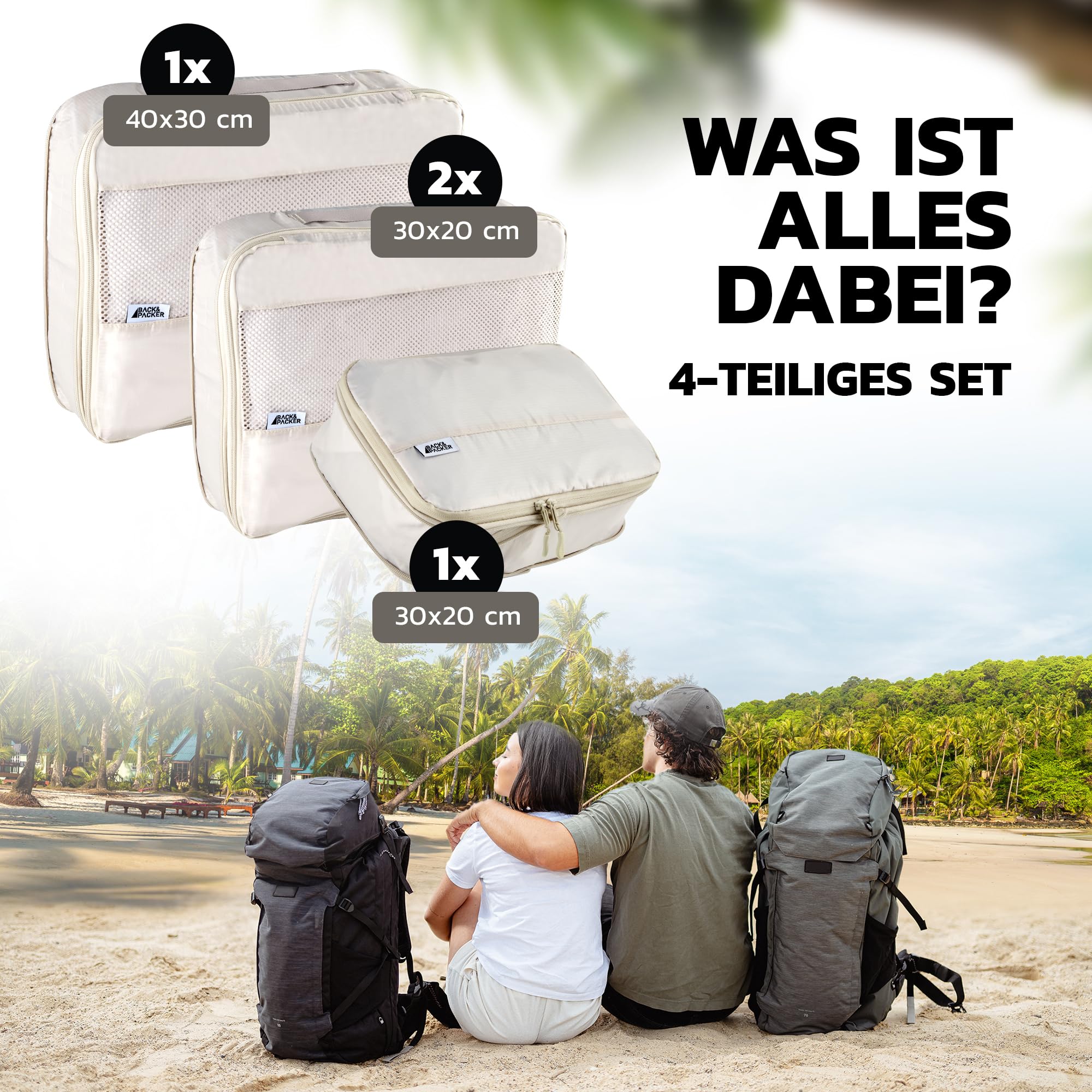 BACK&PACKER® Packing Cubes 4-częściowy zestaw toreb do pakowania z materiału pochodzącego z recyklingu - lekki organizer do plecaka i walizki - w zestawie kostki do pakowania na mokre pranie i worek