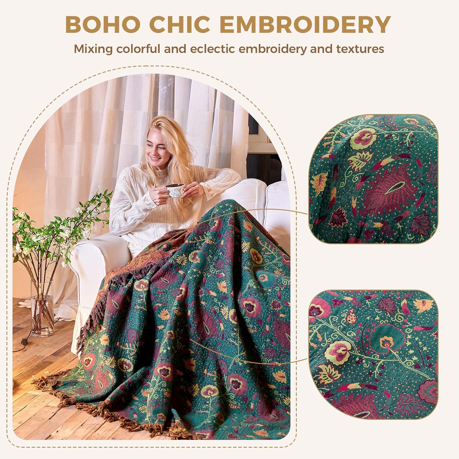 Boho Throw Blanket for Bed 100% Cotton Soft Lightweight Quilt Home Decor Bed Blanket,Floral Embroidery Reversible All Season Bohemian Breathable Twin Throws for Sofa Couch Chair 60"×80" - Image 3