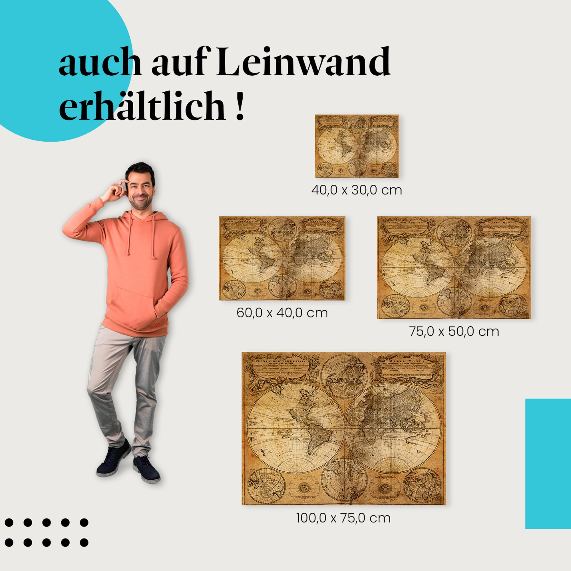 Postereck - 0274 - Alte Weltkarte, Erde Kontinente Karte Vintage - Unterricht Klassenzimmer Schule Wandposter Fotoposter Bilder Wandbild Wandbilder - Leinwand - 100,0 cm x 75,0 cm