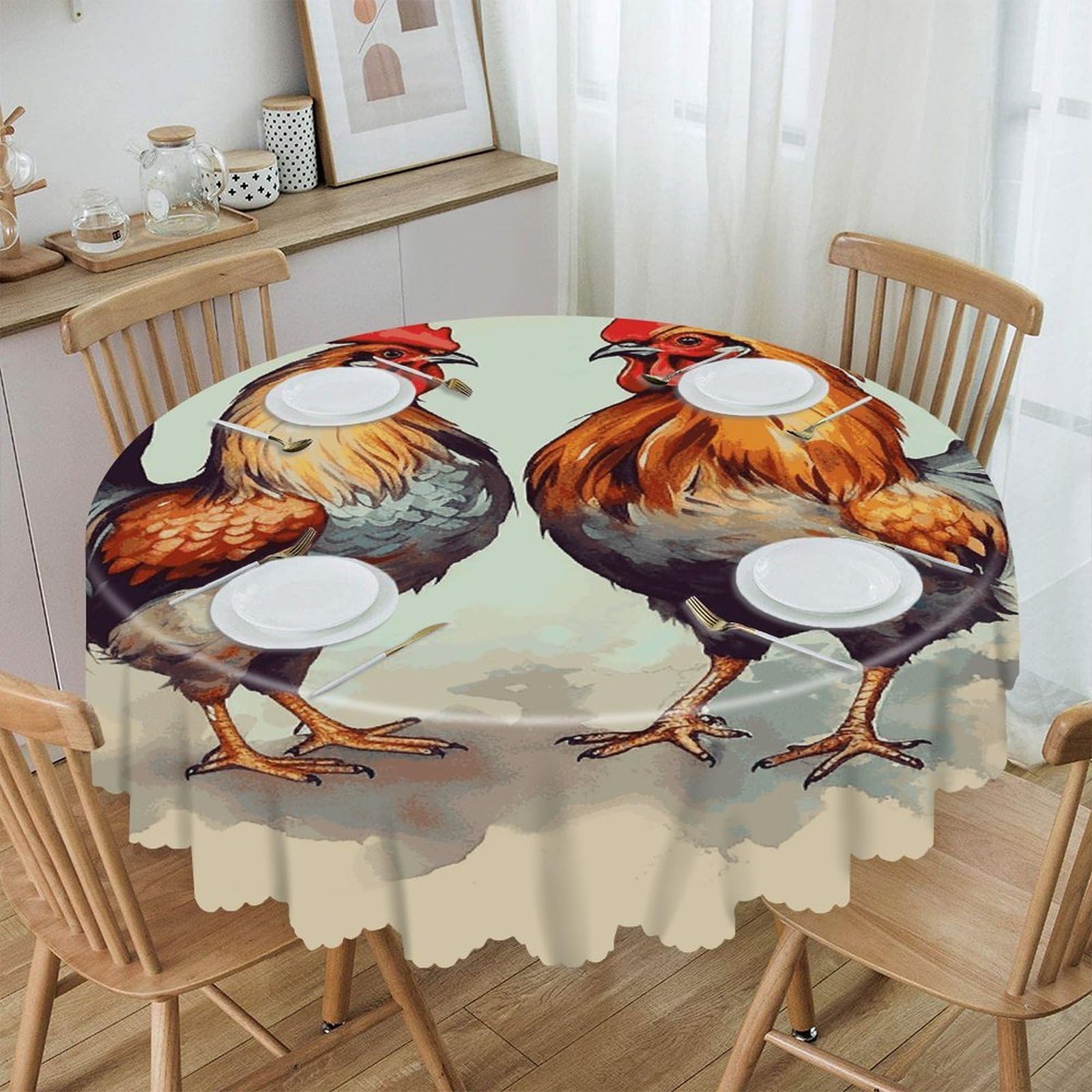 FekiLoot 60 Inch Round Rooster and Hen Tablecloth Waterproof Heavy Duty Polyester Table Cloth Spill-Proof Wipeable Table Cover Decorative Circle Dining Tablecover for Party Outdoor