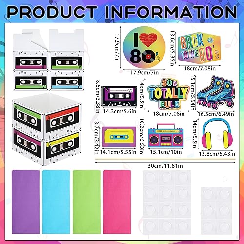 Miniatura 2 de Juego de 4 decoraciones de fiesta de los 80, centro de mesa retro de los años 80, incluye 4 cintas de casete, centro de mesa, 32 varillas,