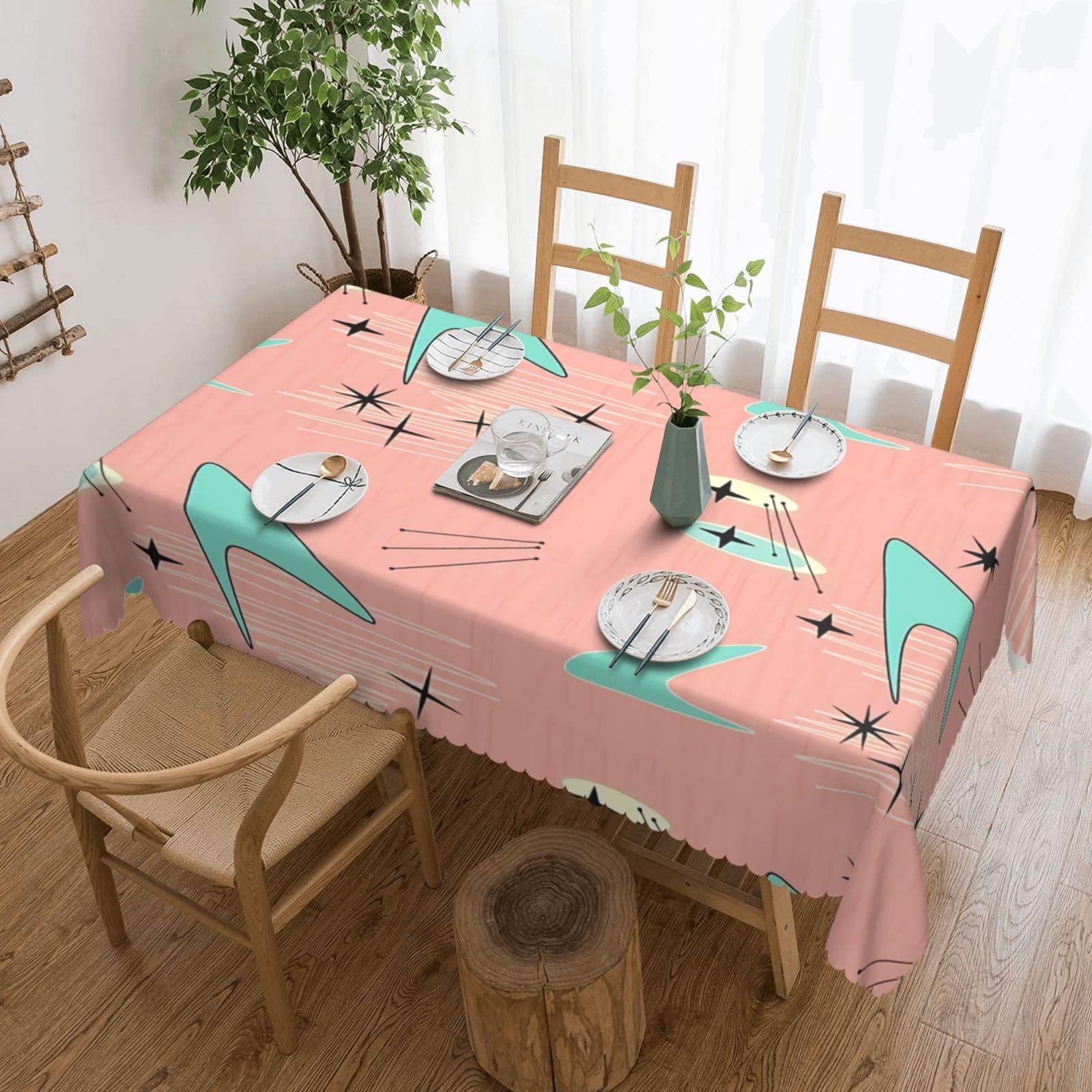 HLBSDM Mid Century Atomic Boomerang Starburst Pale Pink Square Oil-Proof Tablecloth 54x72in - Elegant Floral Design for Wedding, Party, Home Decor