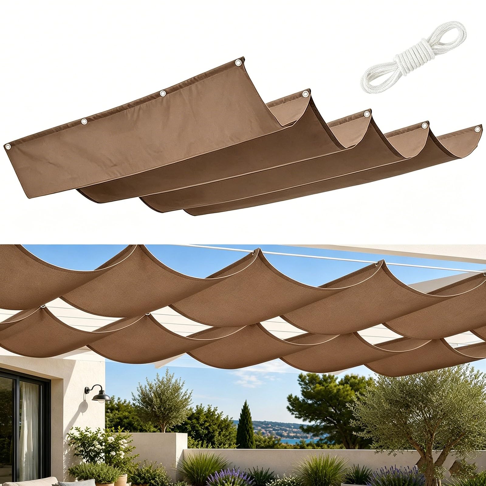 Toldo retráctil contra el calor extremo de terraza con malla marrón de onda