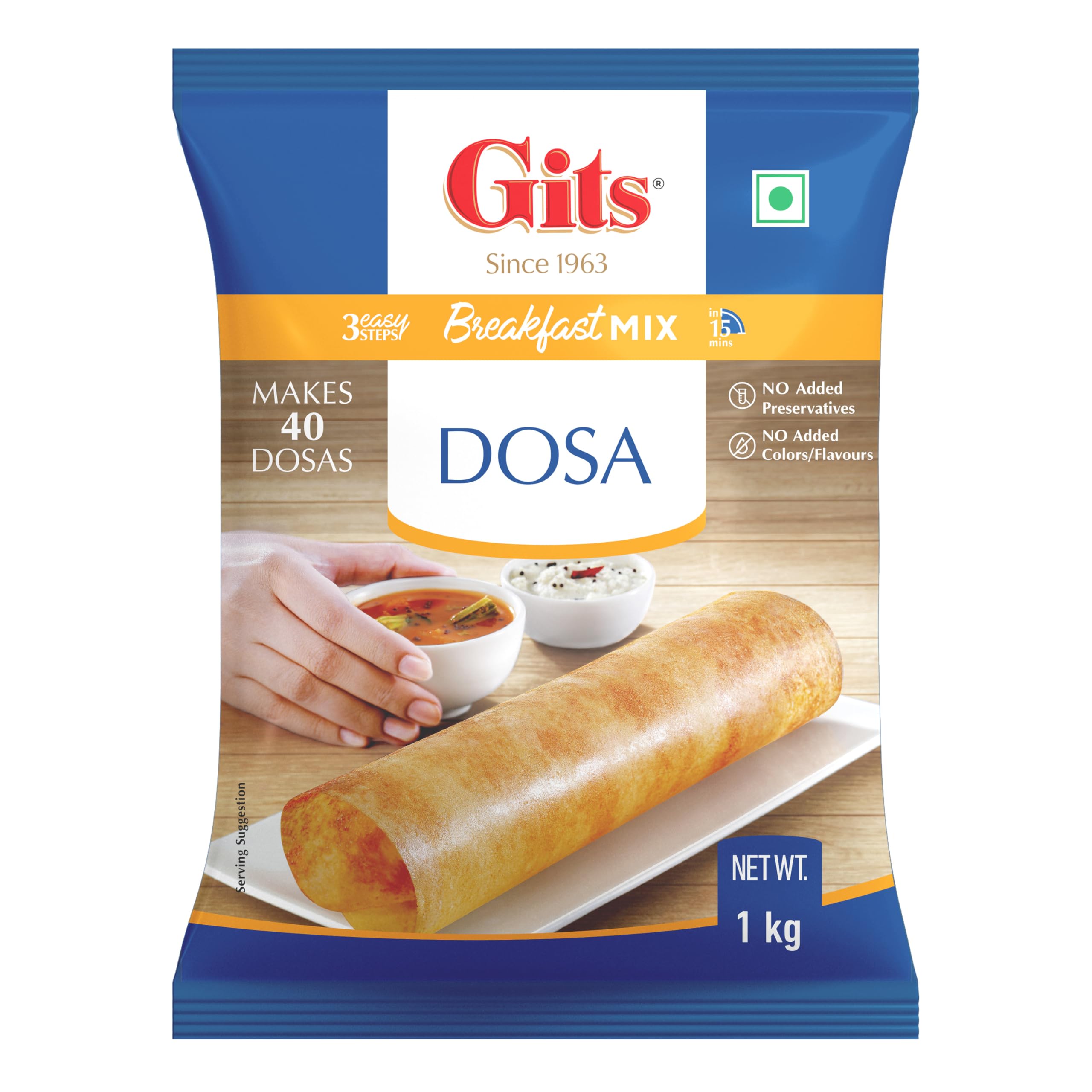 Gits Instant Rice Dosa Breakfast Mix, Makes 40 Dosas, Pure Veg, South Indian Breakfast Mix, 1Kg