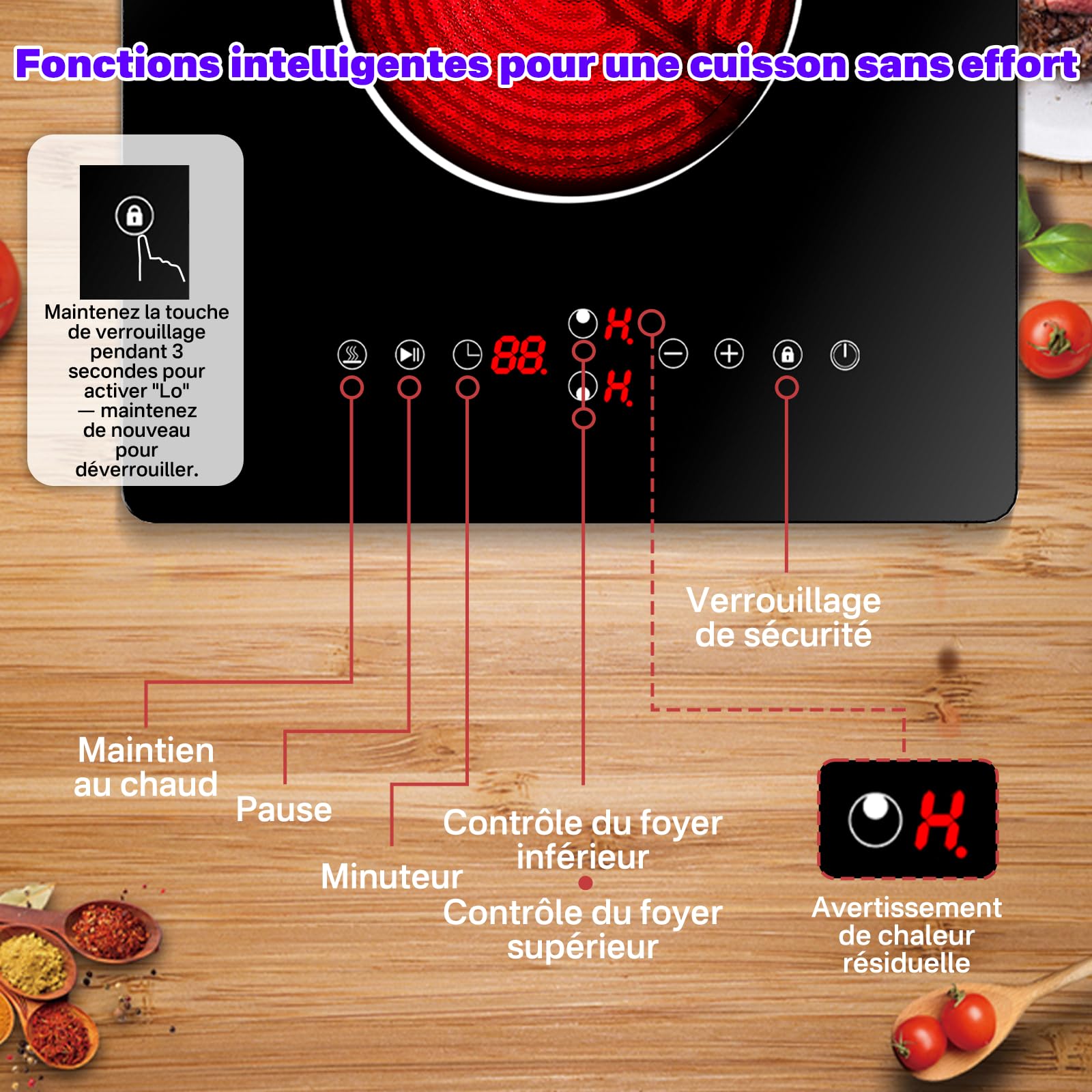 Plaque de Cuisson Électrique 2 Feux 3000W, Portable & Encastrable Plaque Vitrocéramique 2 Feux avec 9 Niveaux, Minuterie, Verrou Enfant, 220-240V