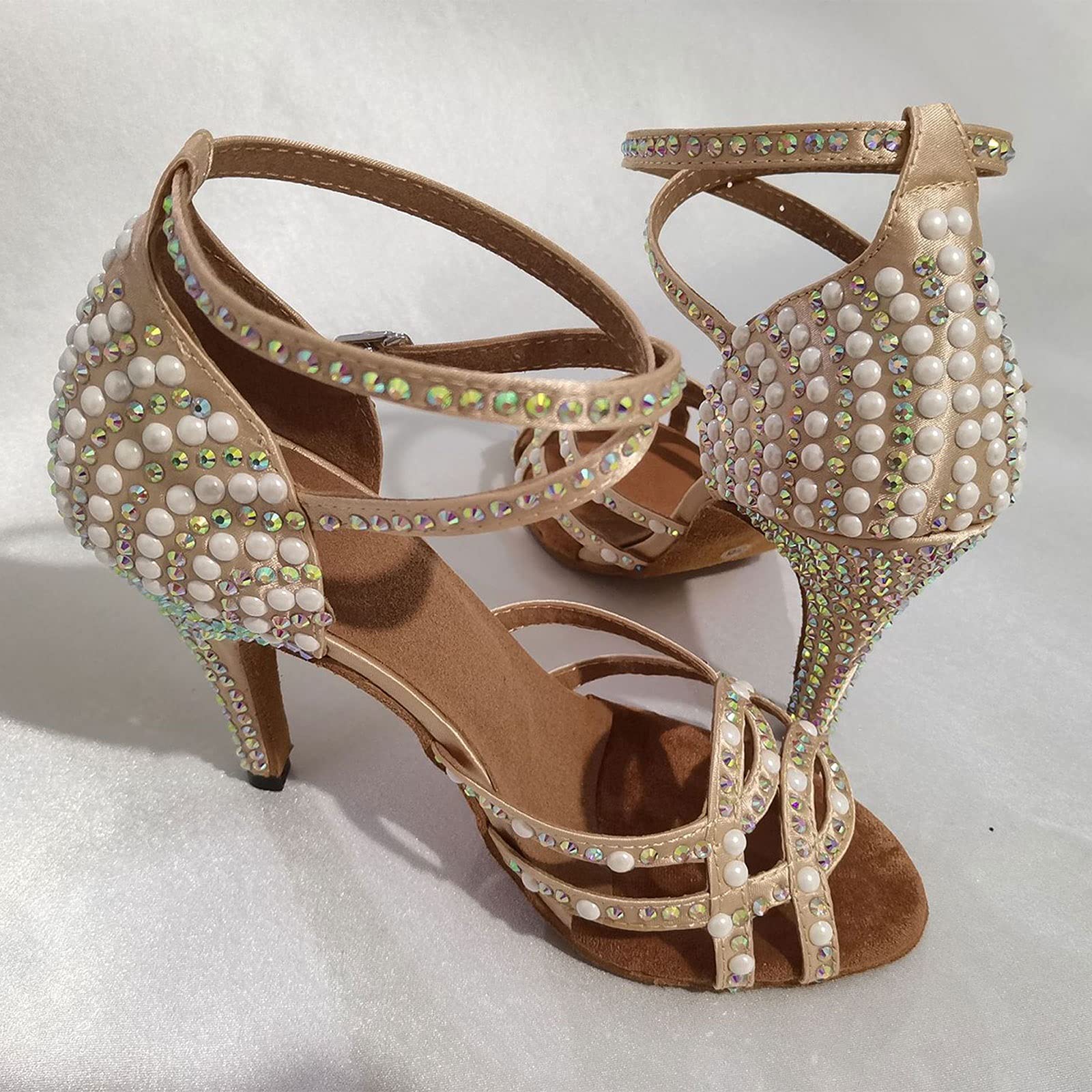 Damskie buty do tańca Peep Toe Cross Rhinestones Social Tango Ballroom Latin Modern Dance Shoes, Salsa Latin Dance Obcasy, na wesele wieczór Party (Color : White 8.5cm, Size : 38 EU)