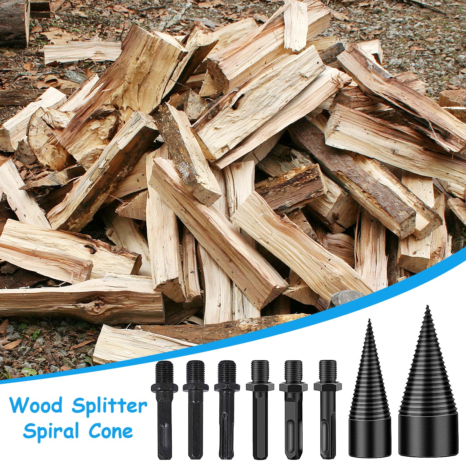 9 Pièces Kit de Foret de Fendage de Buches, Comprenant Foret Conique de 32 mm/42 mm, 6 Vis de Cône de Fendeuse Bois, Outillage Bois, Fendeuse de Buches Électrique pour Jardiniers et Bûcherons